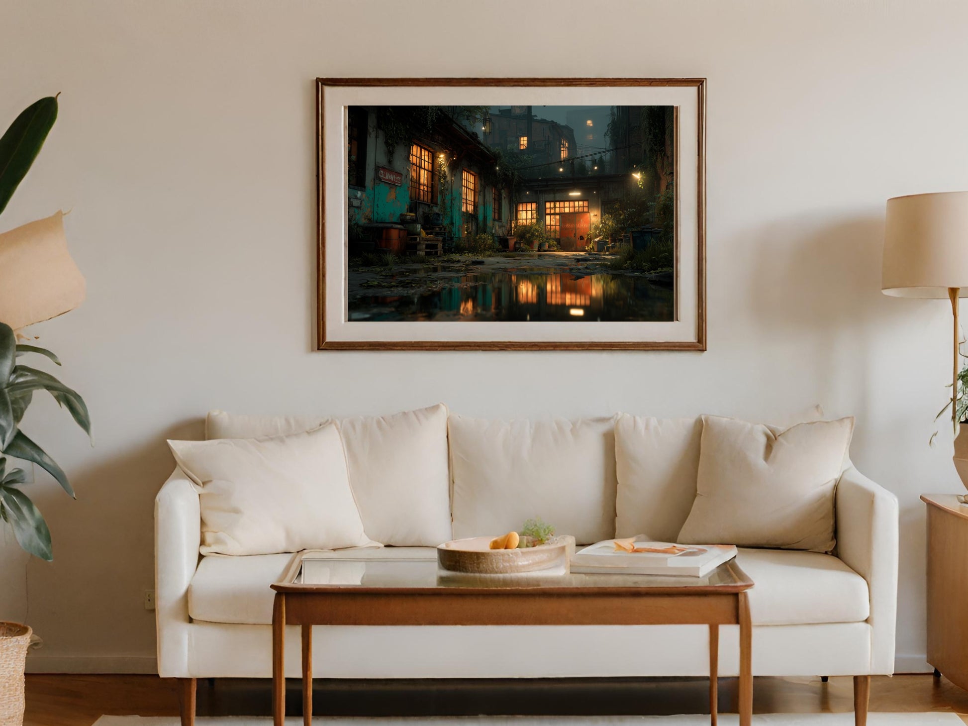 Framed art depicting a dimly lit industrial alley with reflections in puddles.
