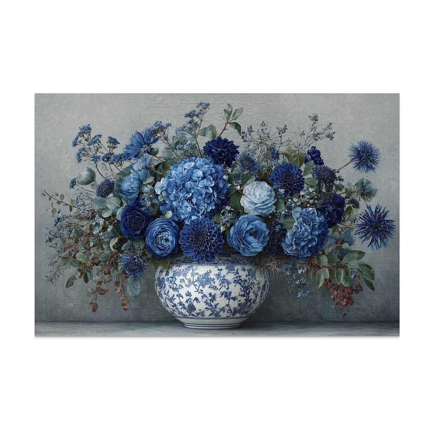 Blue Floral Arrangement in Elegant Vase Wall Art Print