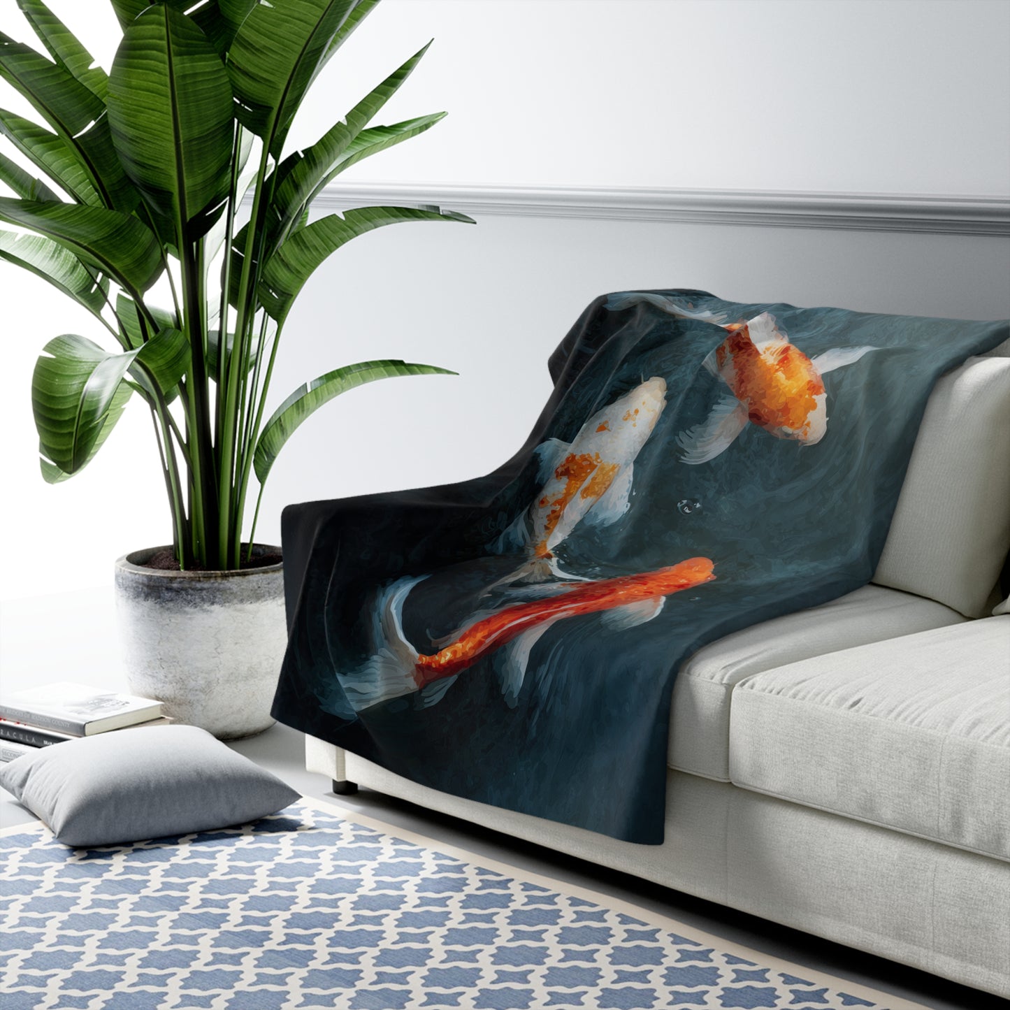 Koi Pond sherpa fleece blanket — tranquil fish art throw, zen home decor, relaxing gift, soft sherpa