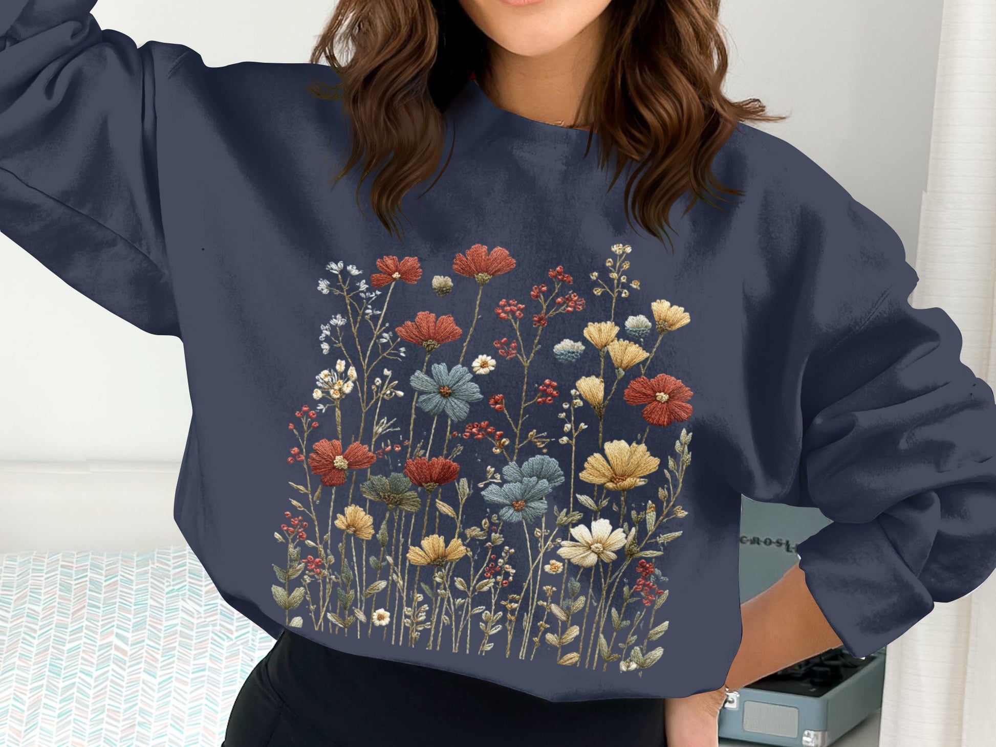 Cozy Navy Blue Sweatshirt with Floral Embroidery Design