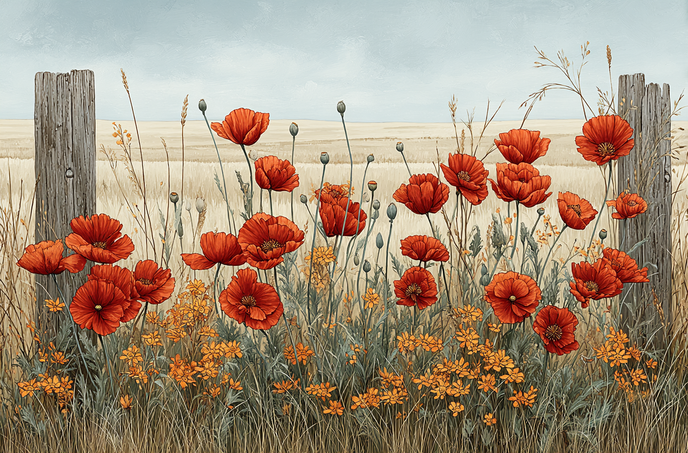 Beautiful Scenic Landscape with Red Flowers Poster