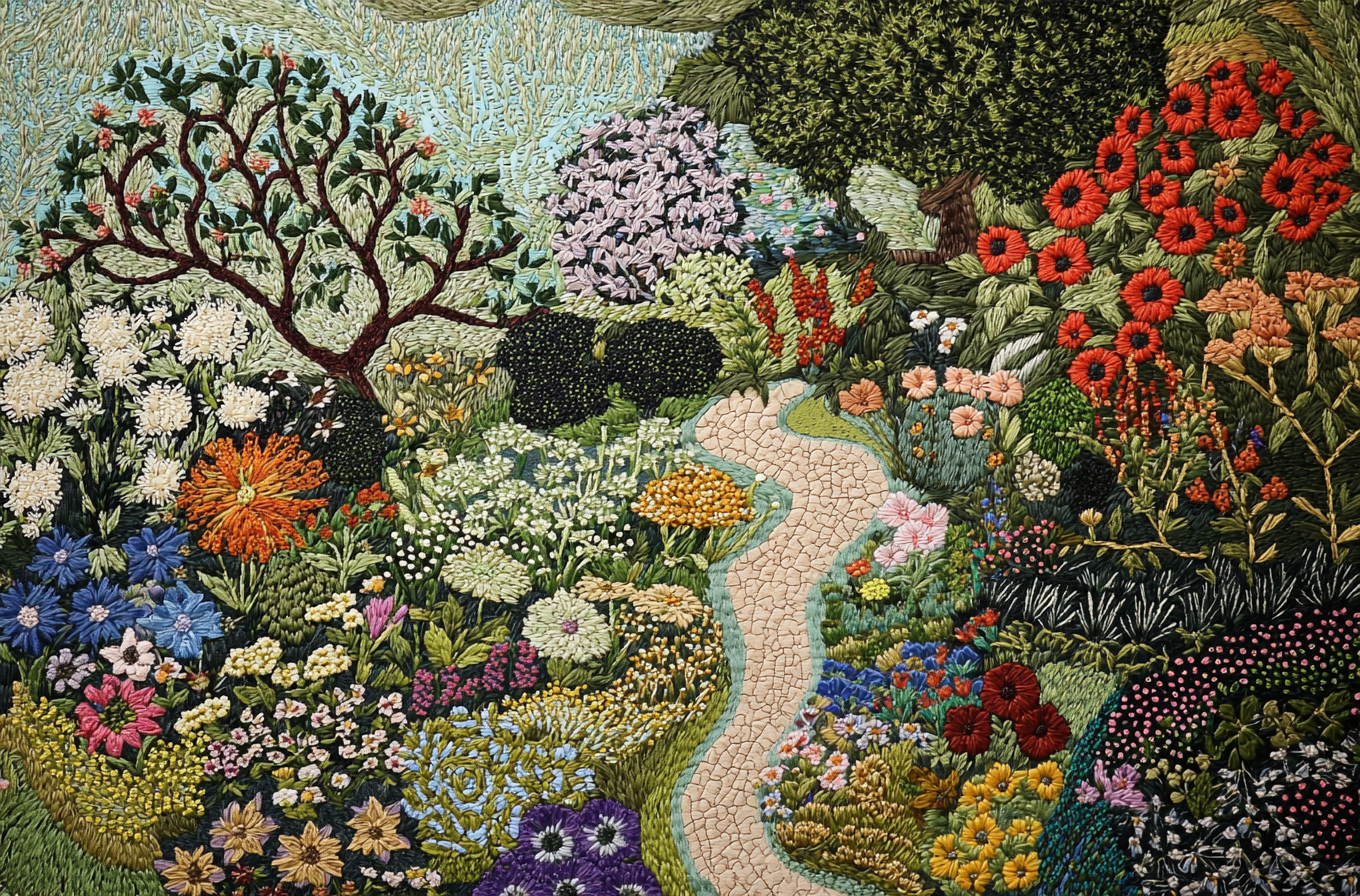 Hand-Embroidered Nature Scene Artwork for Wall Decor