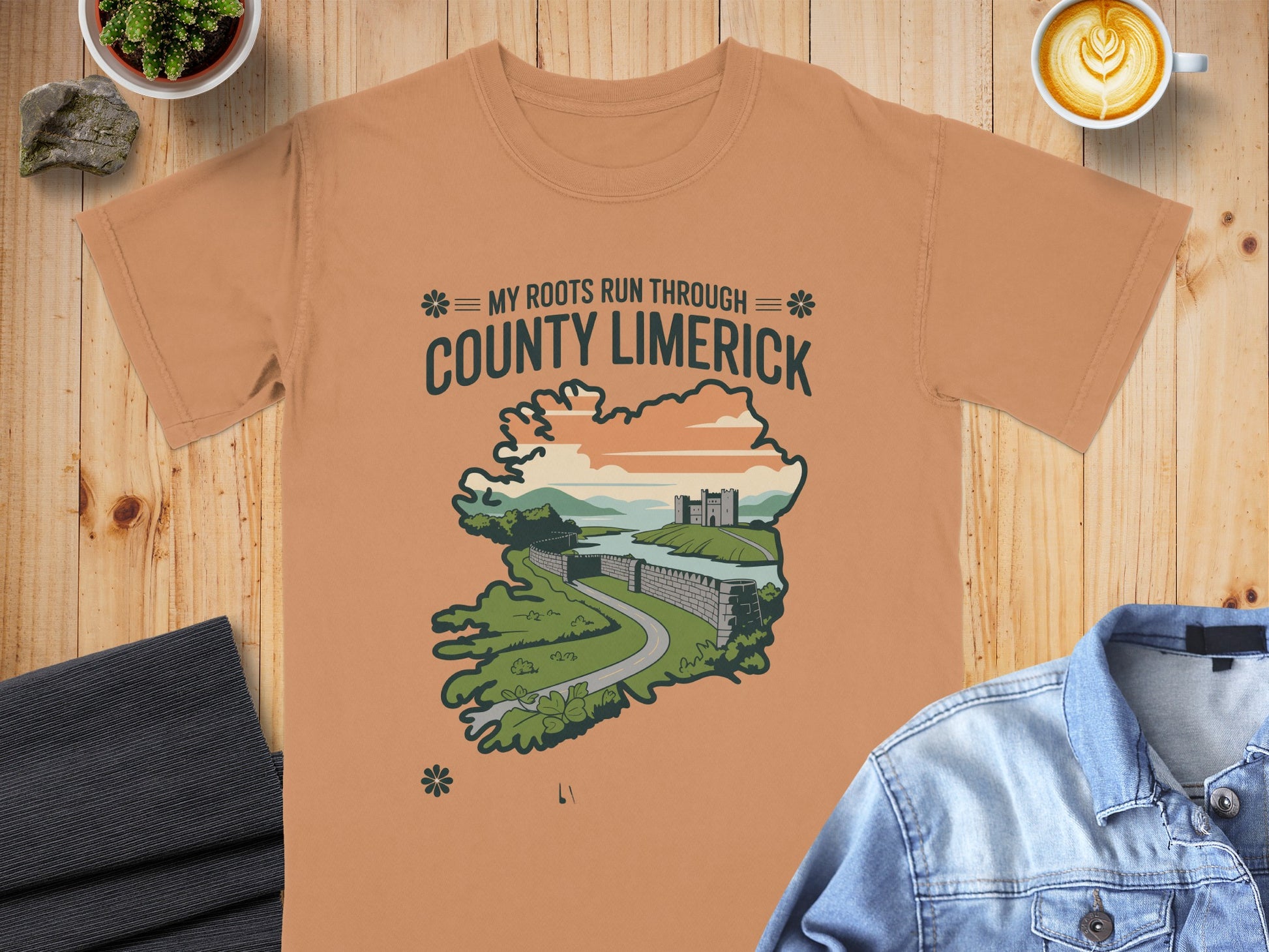 T-shirt with "My Roots Run Through County Limerick" text and Irish castle graphic.