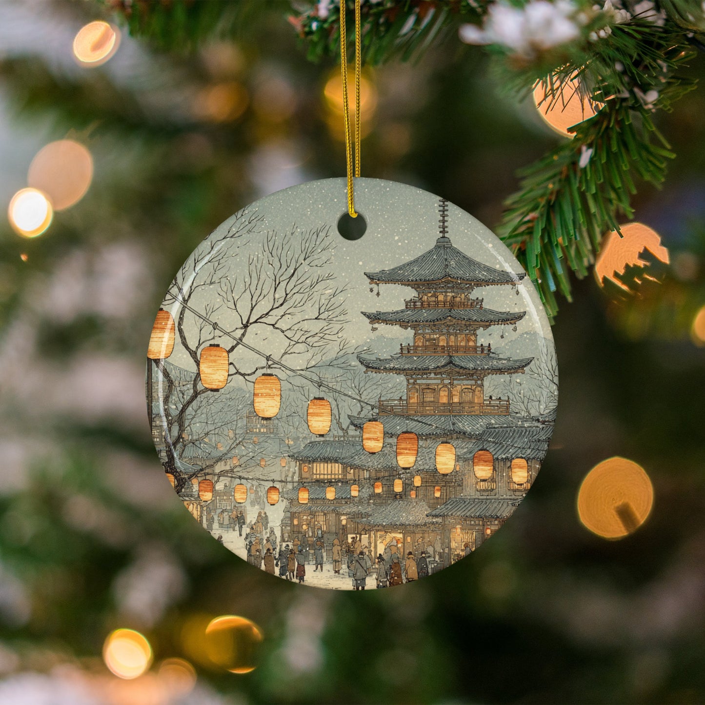 Festive Lanterns and Pagoda Design Christmas Ornament