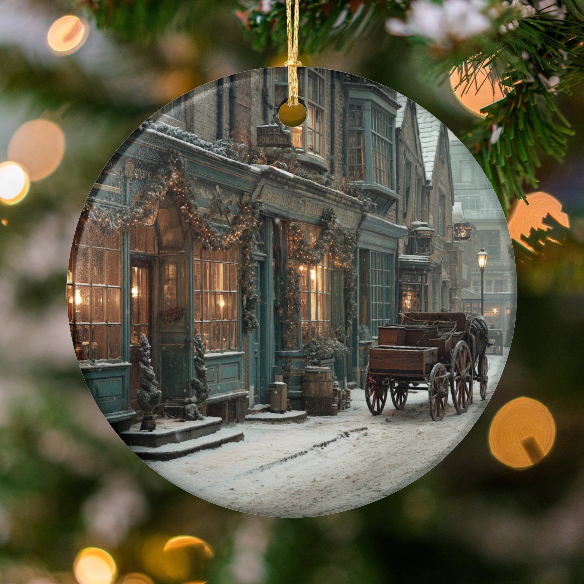 Vintage Snowy Village Scene Holiday Ornament