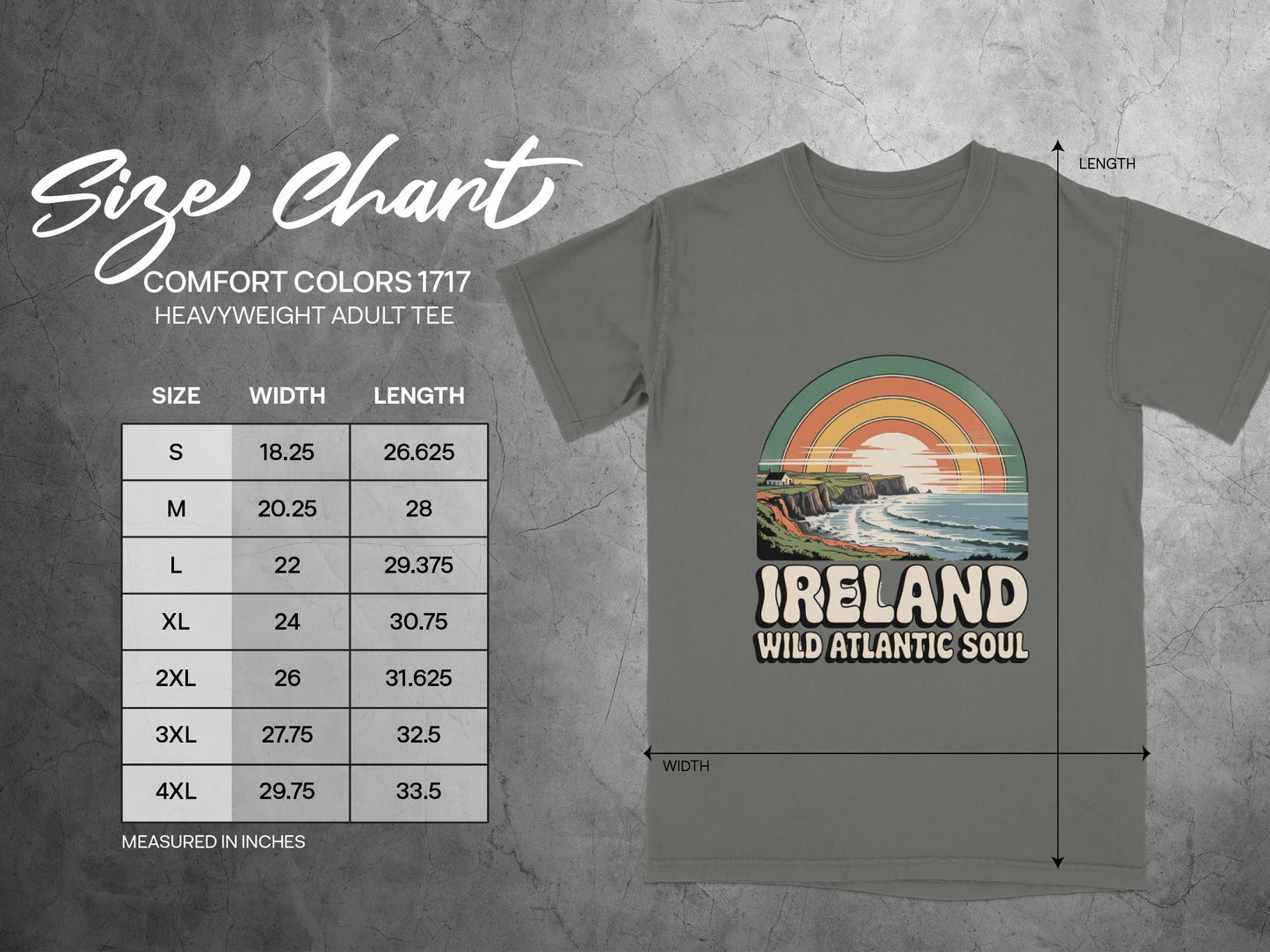 Size chart for Comfort Colors 1717 heavyweight adult tee with Ireland graphic.