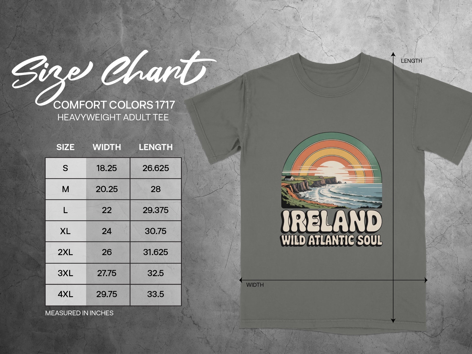 Size chart for Comfort Colors 1717 heavyweight adult tee with Ireland graphic.