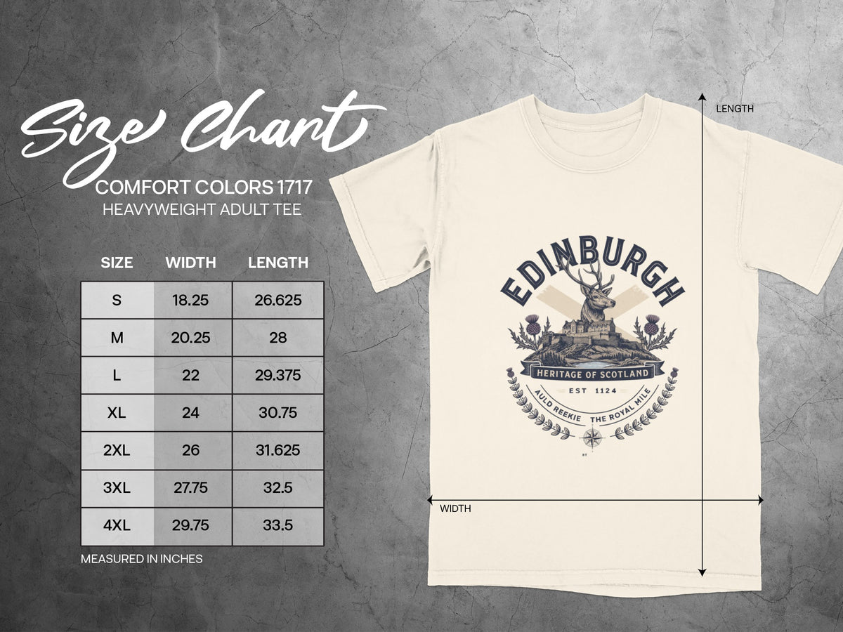 Size chart for a cream Comfort Colors 1717 heavyweight adult tee with Edinburgh graphic.