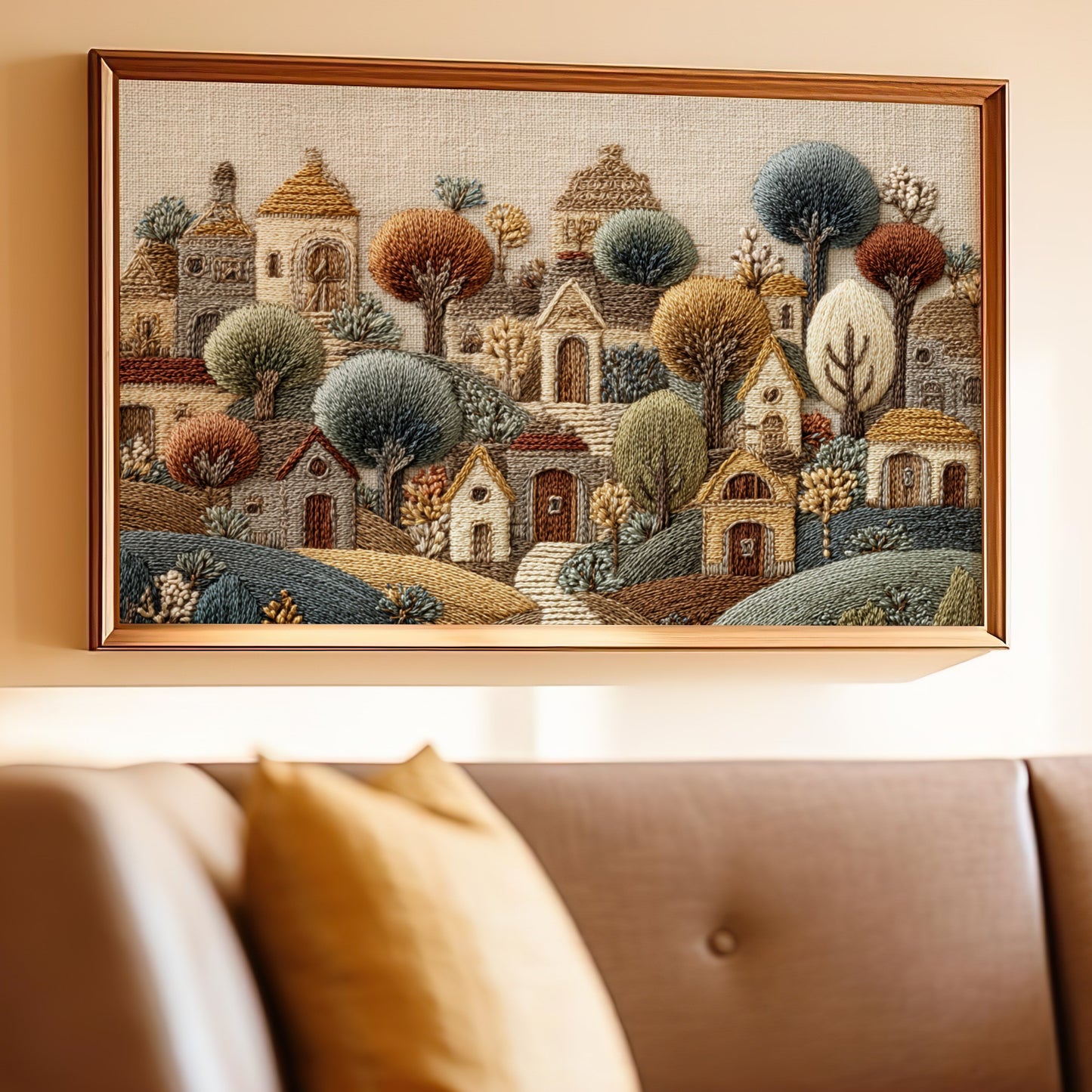 Embroidered Village Scene Wall Art Framed product