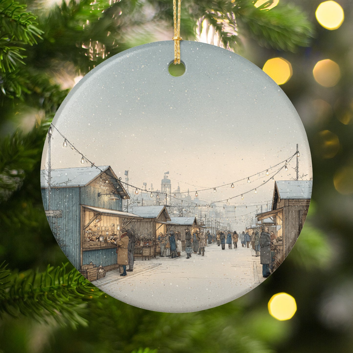 Festive Snowy Village Scene Hanging Ornament