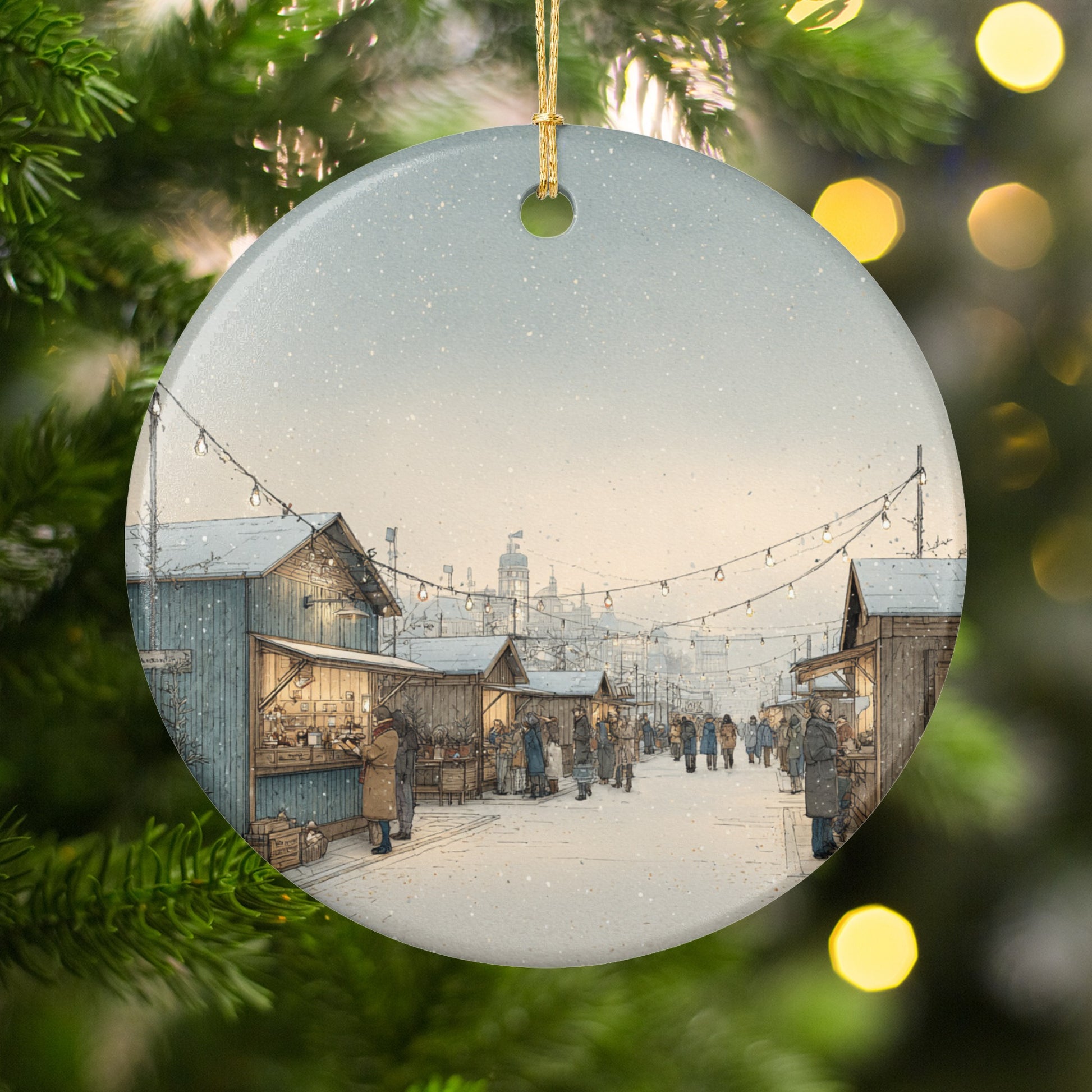 Festive Snowy Village Scene Hanging Ornament