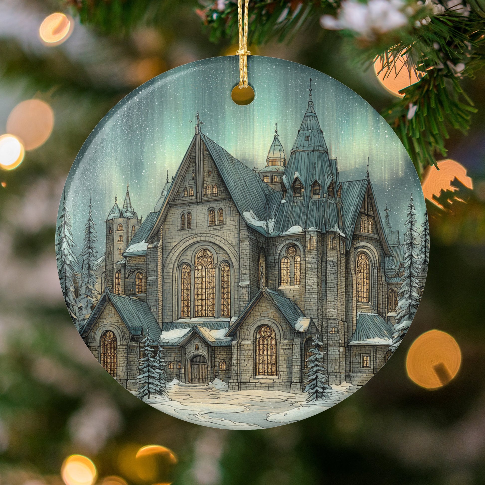 Beautiful Snowy Gothic Church Scene Christmas Ornament