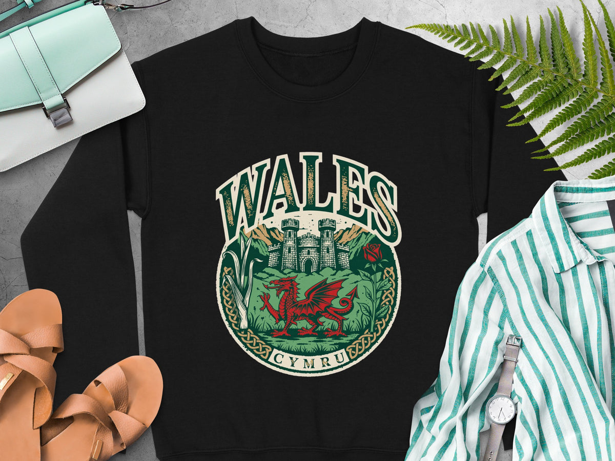 Black sweatshirt with a circular graphic featuring a red dragon, castle, and "WALES CYMRU" text.