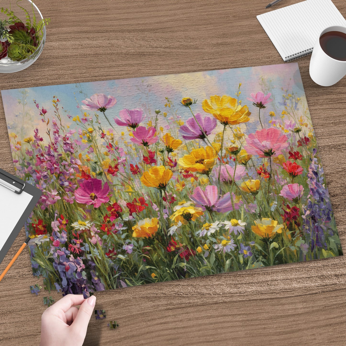 Floral meadow puzzle in progress on a wooden table with a coffee cup.