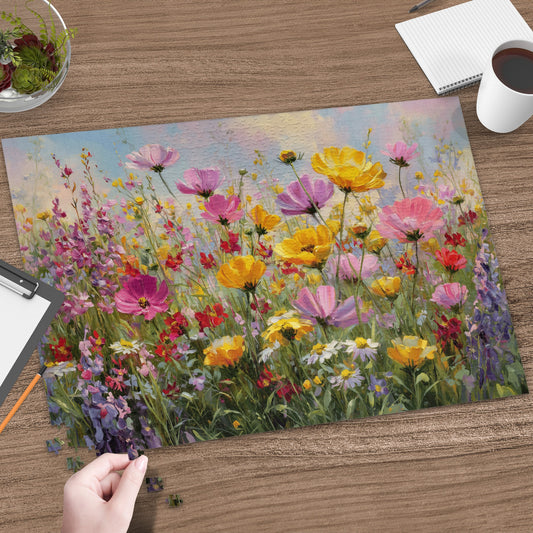 Floral meadow puzzle in progress on a wooden table with a coffee cup.