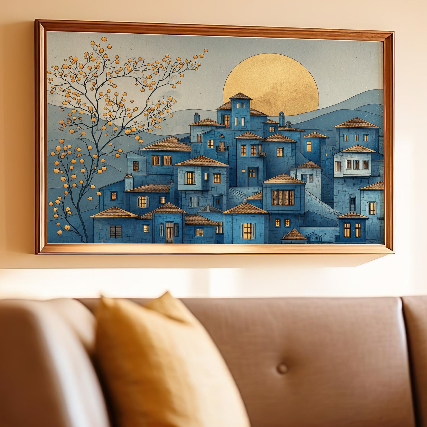 Abstract Blue and Gold Sunset Wall Art Decor