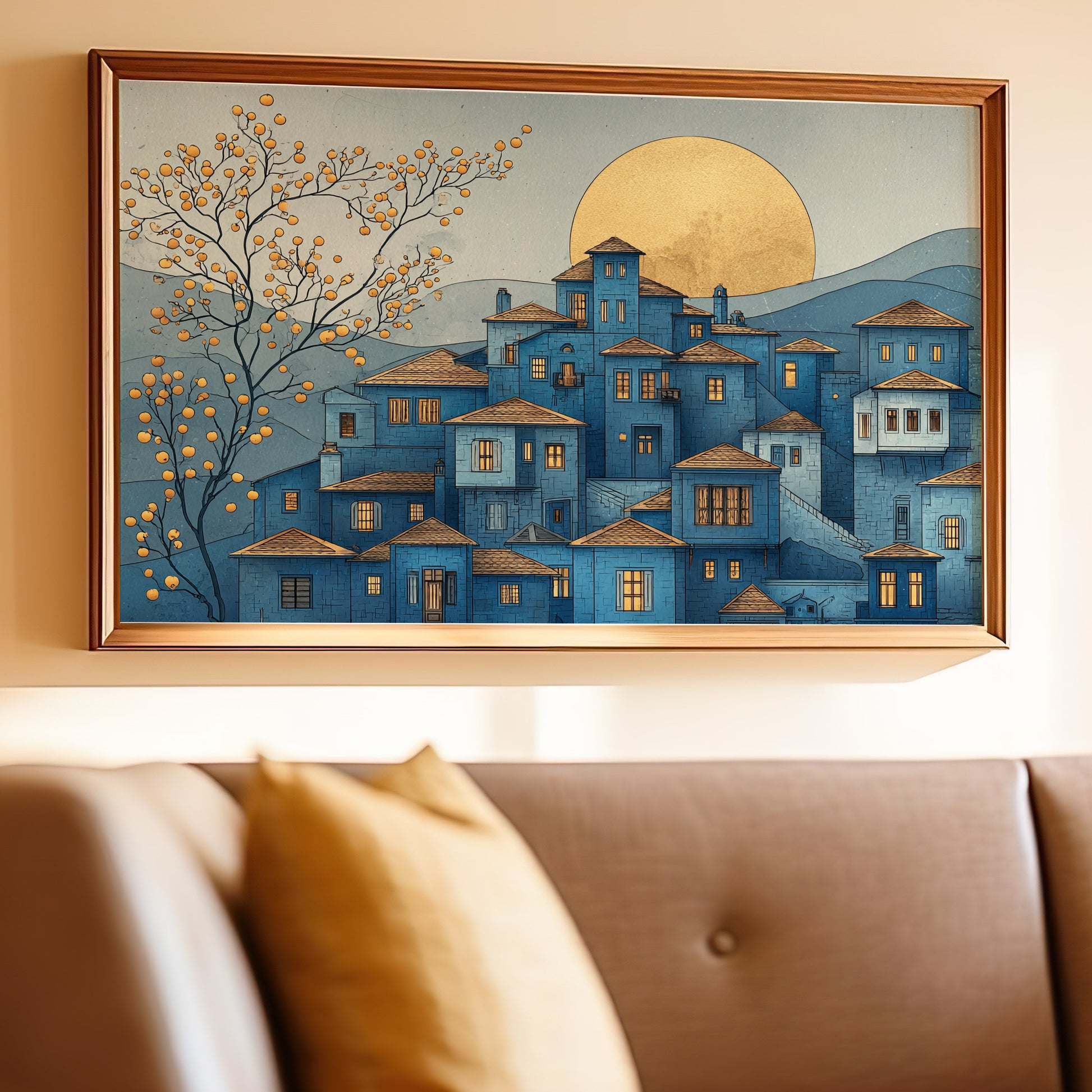 Abstract Blue and Gold Sunset Wall Art Decor