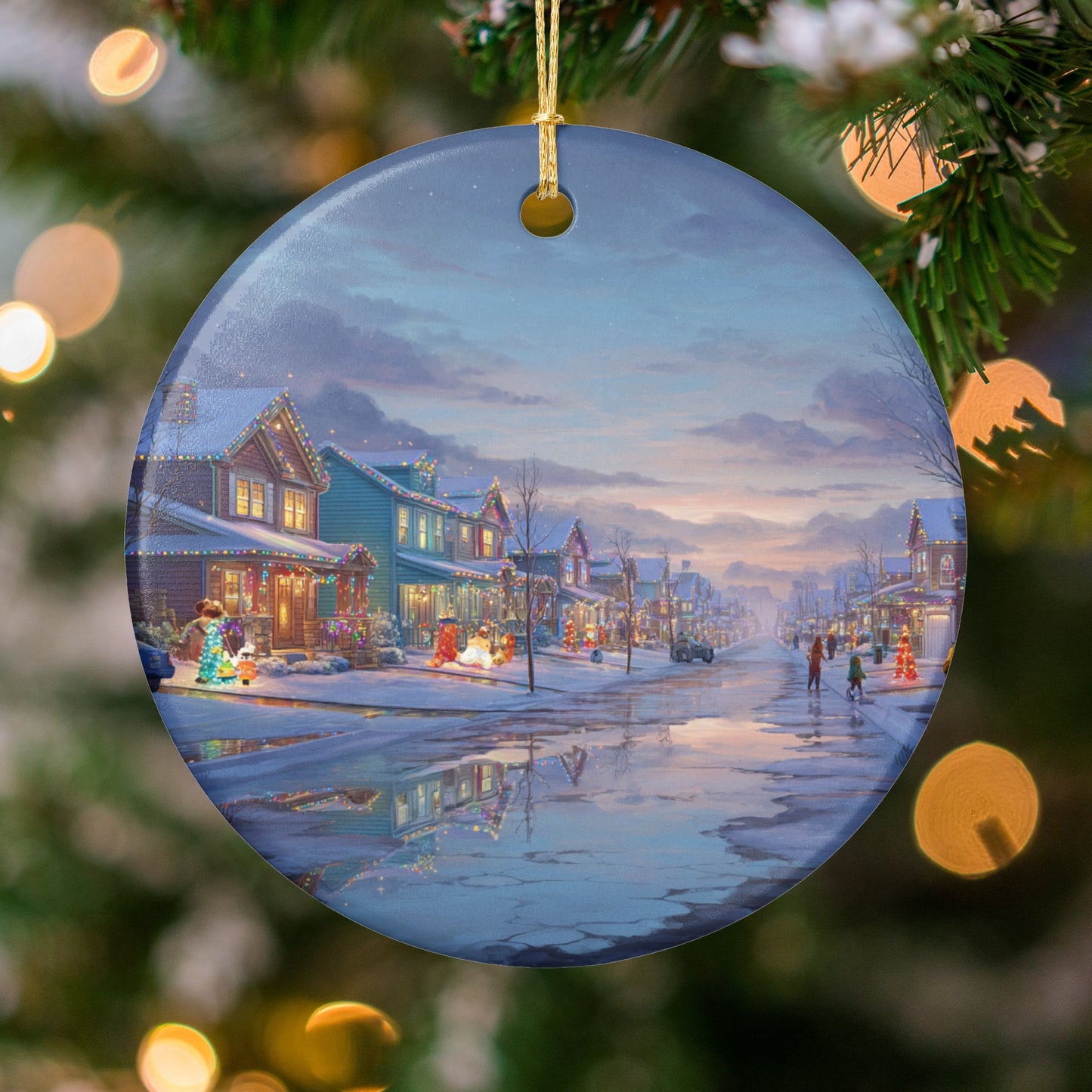 Winter Holiday Village Round Christmas Ornament