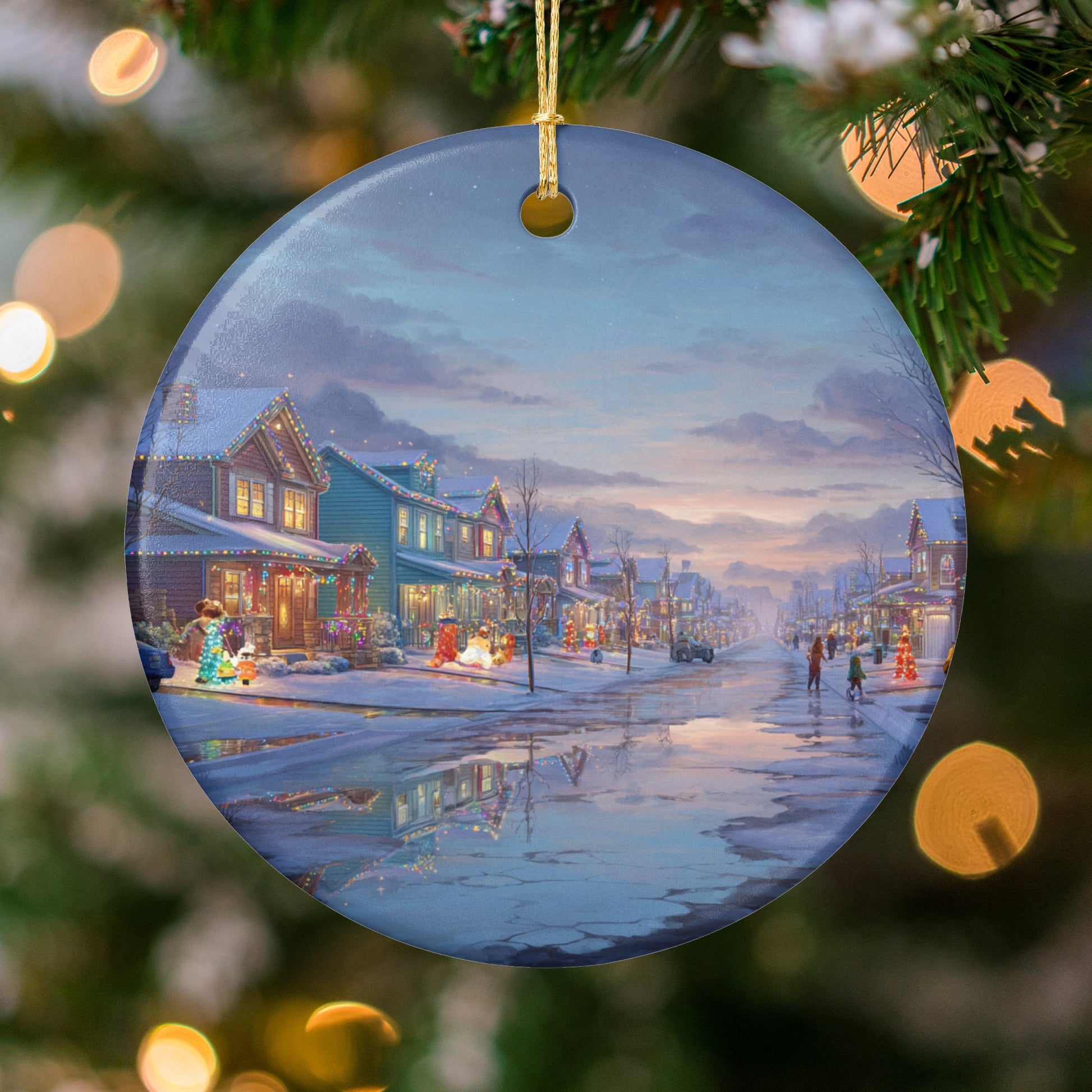 Winter Holiday Village Round Christmas Ornament