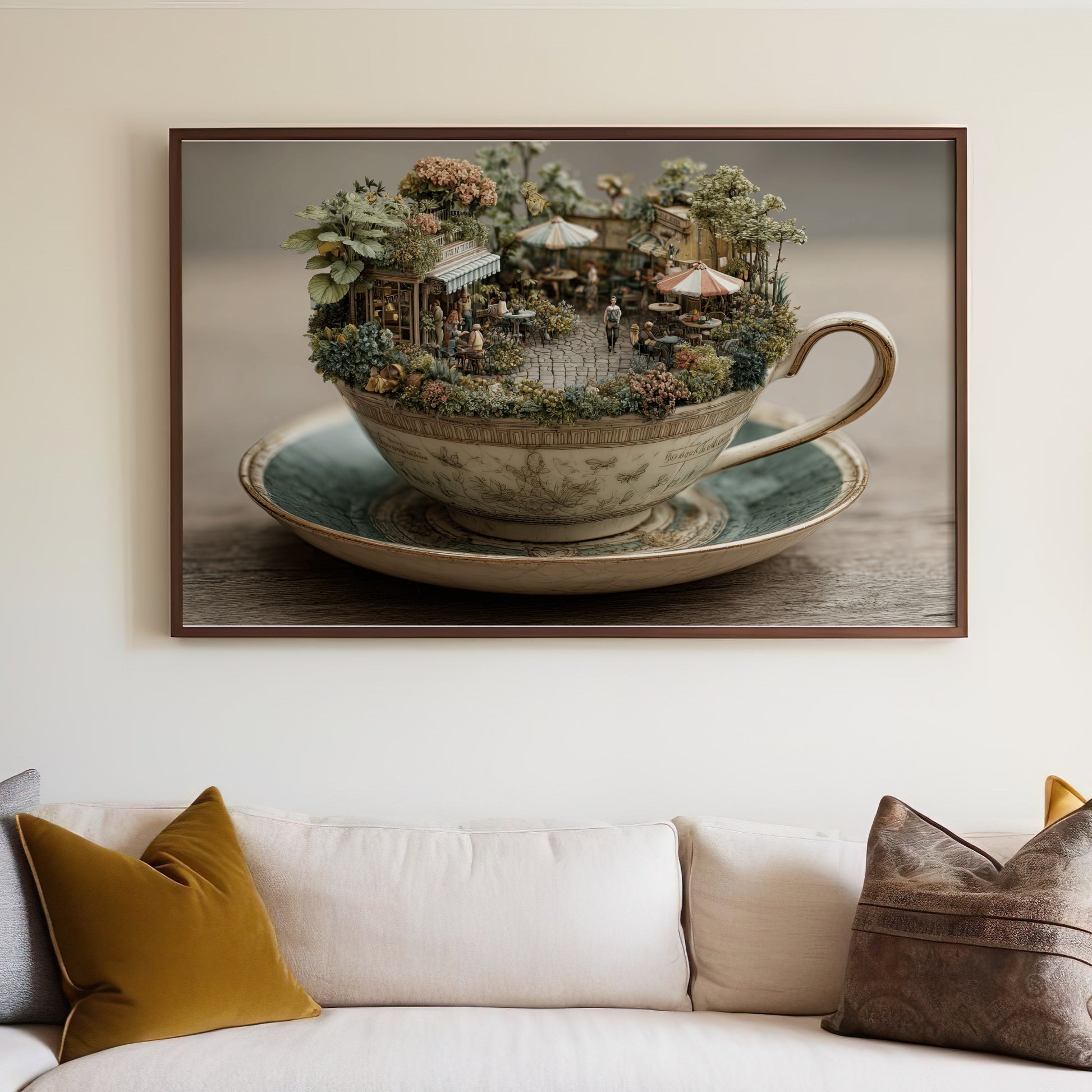 Teacup-sized diorama of a whimsical outdoor cafe scene with tiny people.