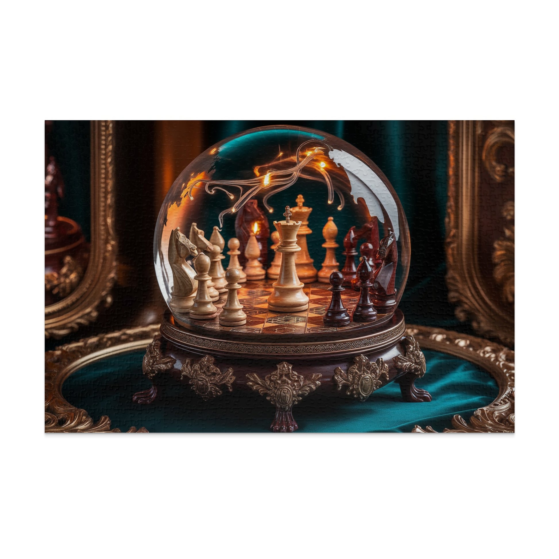 Chessboard inside a glass orb with ornate base.