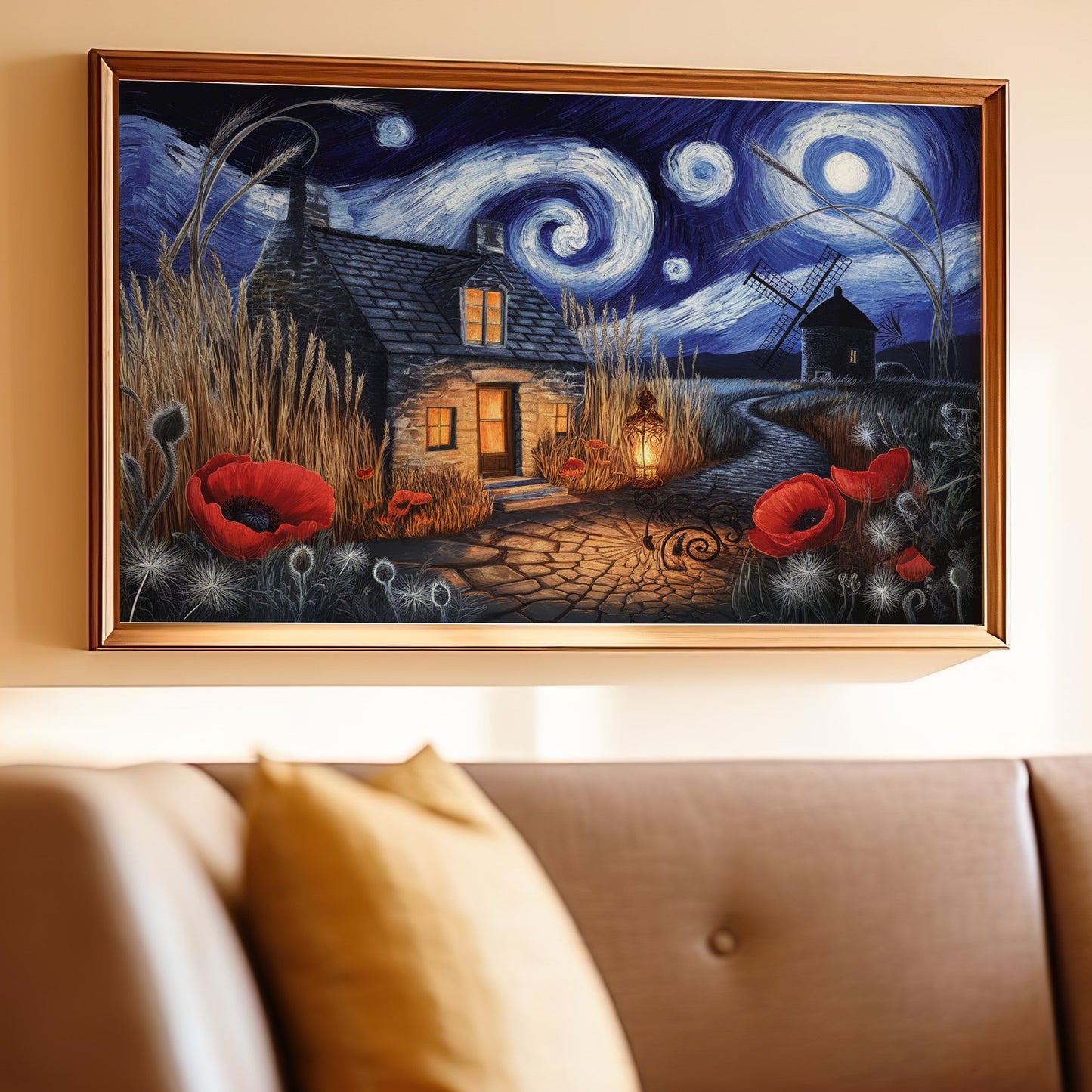 Painting of a stone house, poppies, wheat, and windmill under a swirling starry night sky.