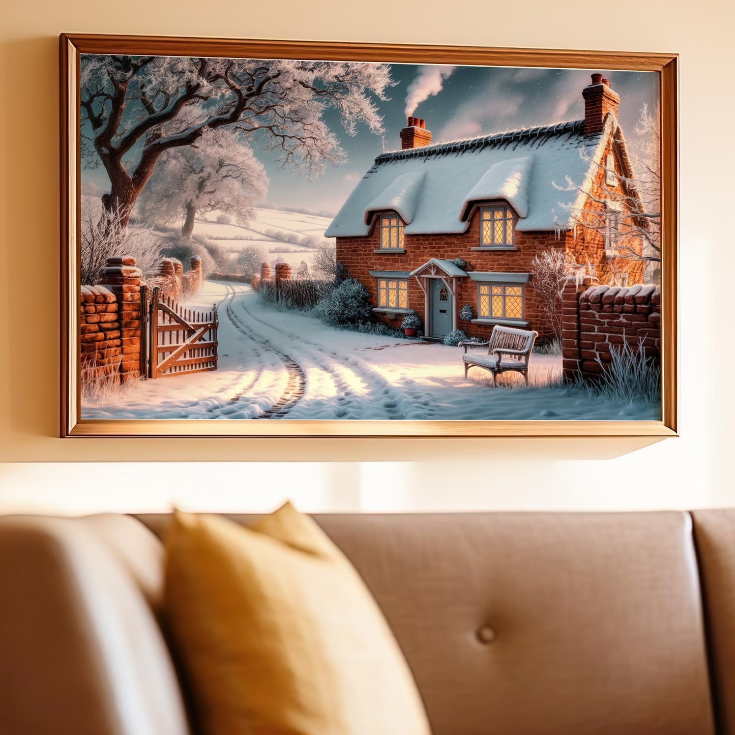Snowy landscape with a brick cottage, leafless tree, and a lit bench.