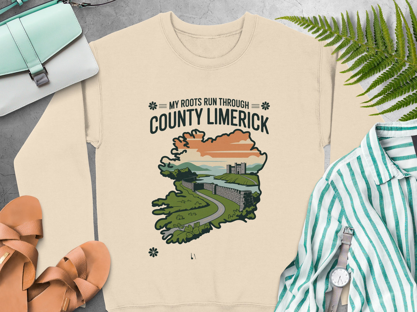 County Limerick graphic and "My Roots Run Through" text on Sand sweatshirt