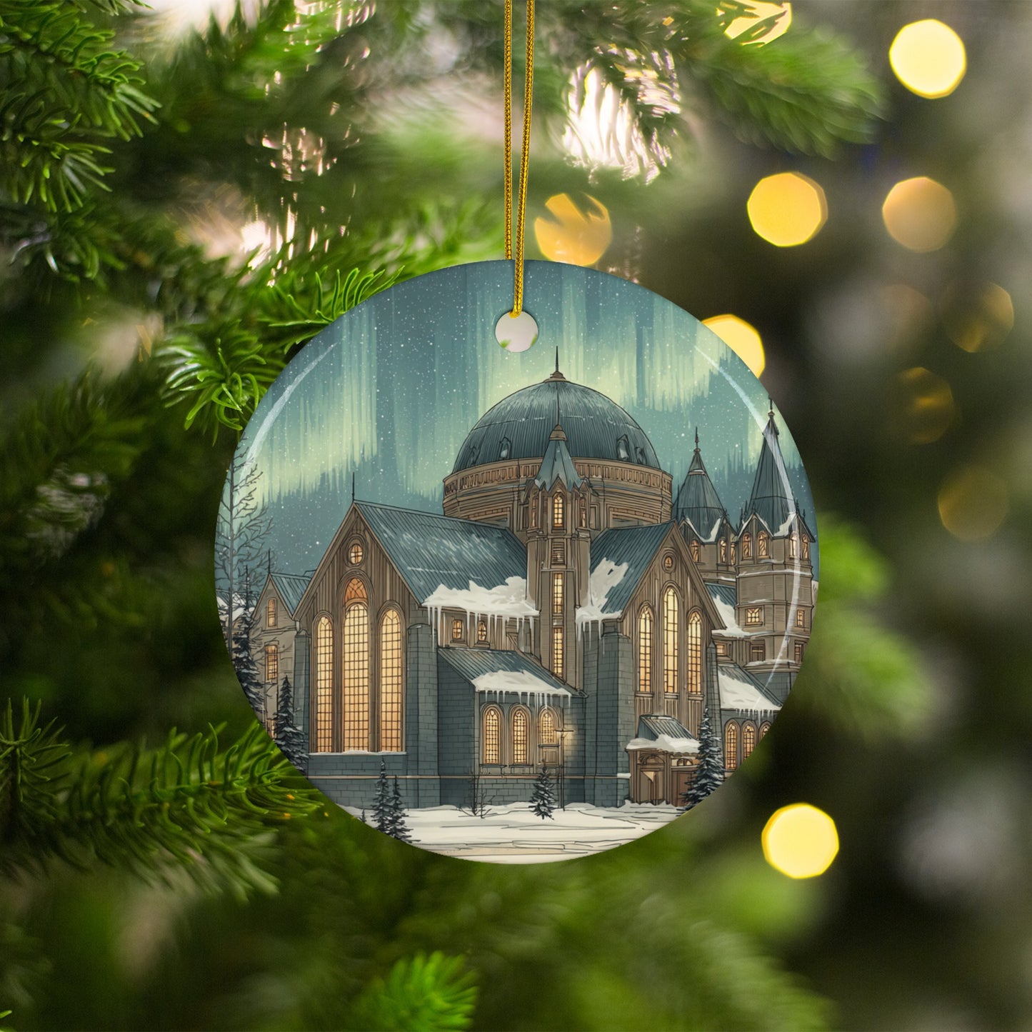 Majestic Winter Night Cathedral Christmas Ornament