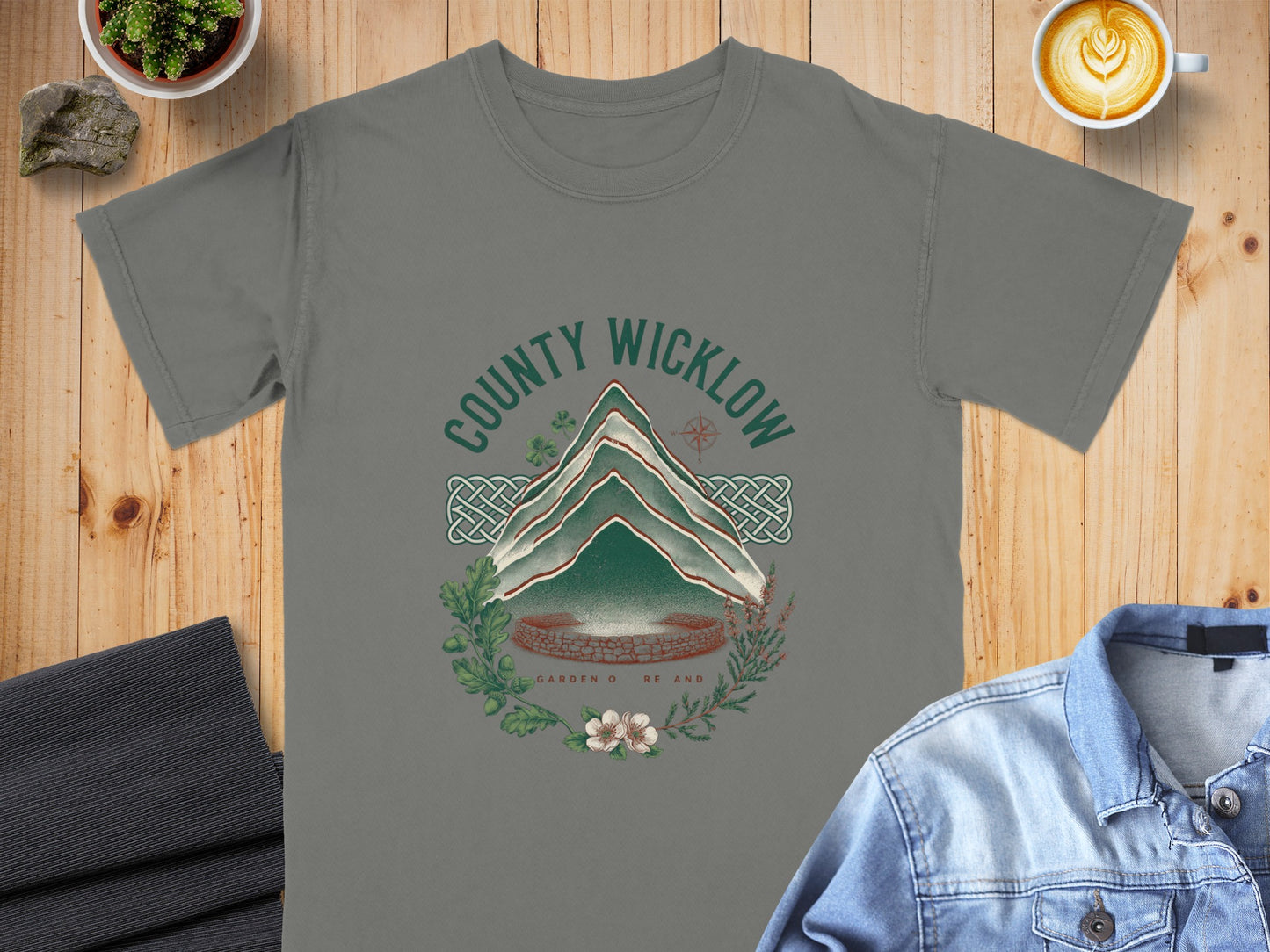 Grey t-shirt with "County Wicklow Garden of Ireland" circular design.