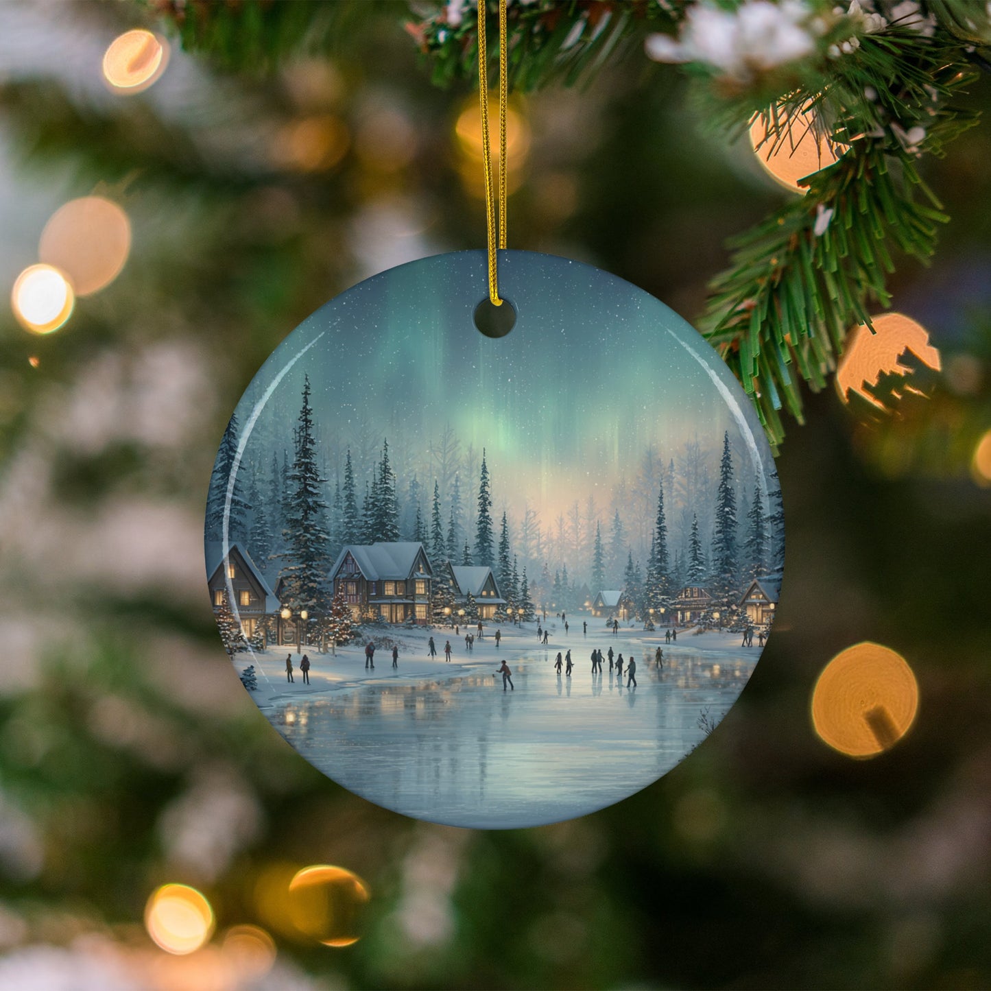 Peaceful Winter Village Scene with Northern Lights Ornament