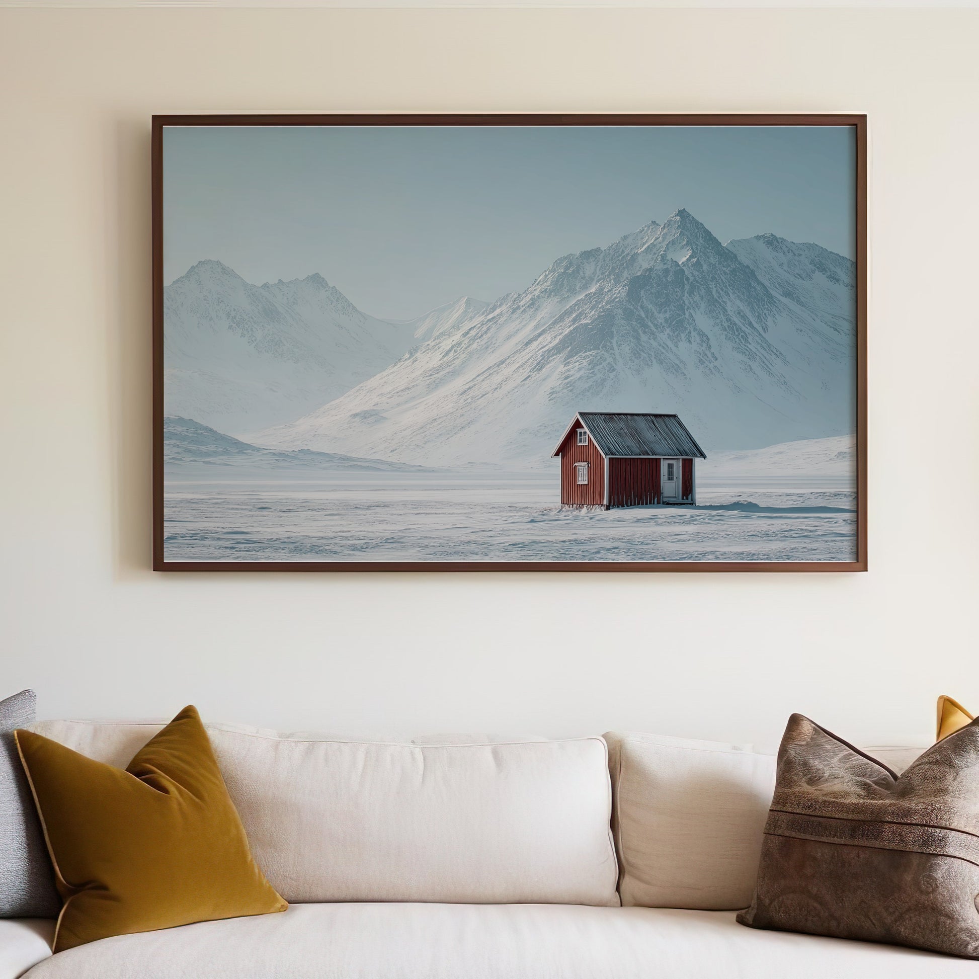 Snowy Mountain Landscape with Red House Art Print