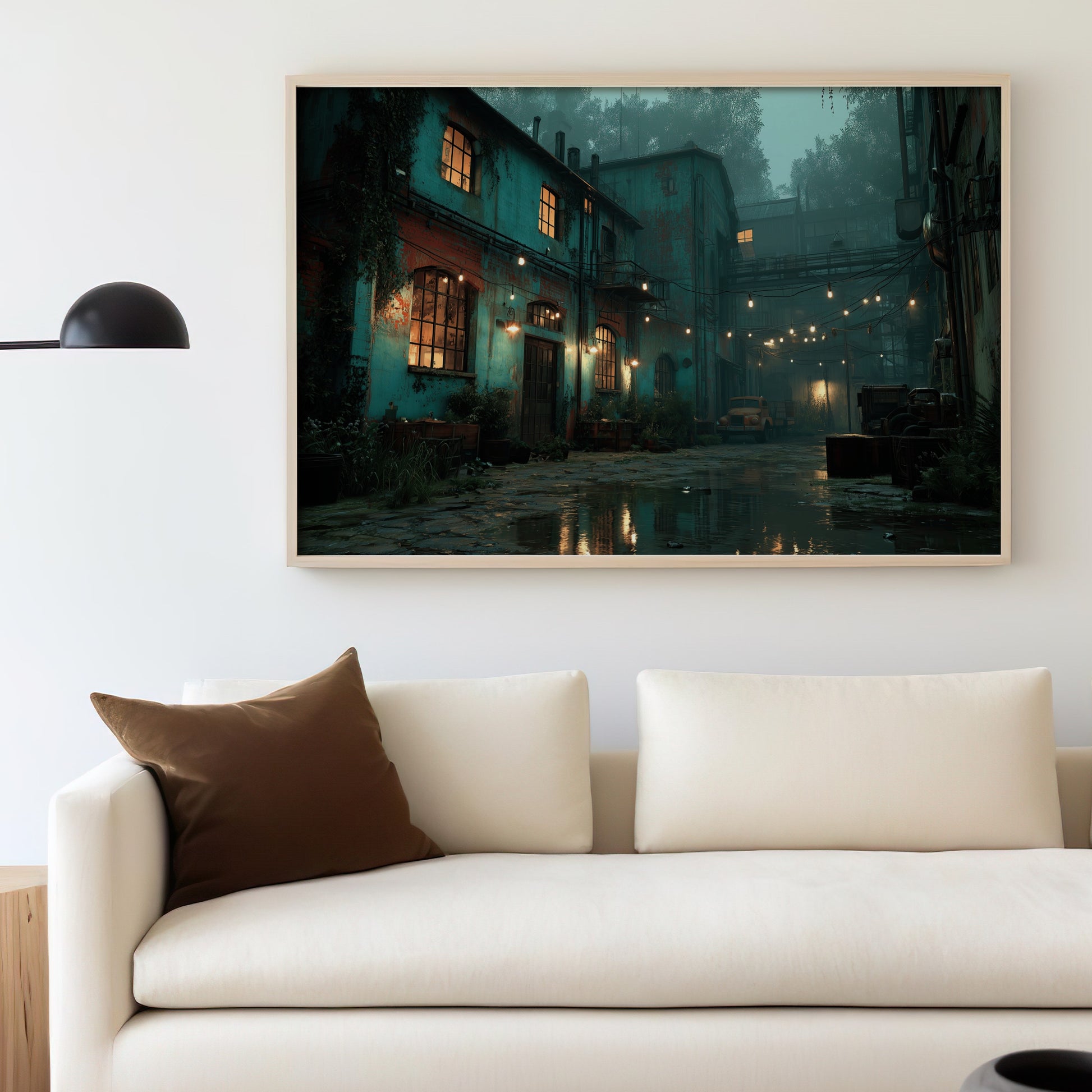 Painting of an old industrial building at night with warm lights.