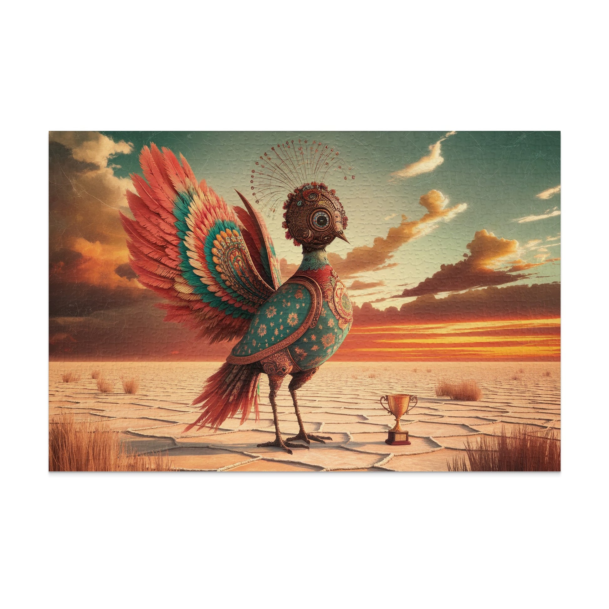 Ornate bird with elaborate feathers stands on cracked earth next to a golden trophy.