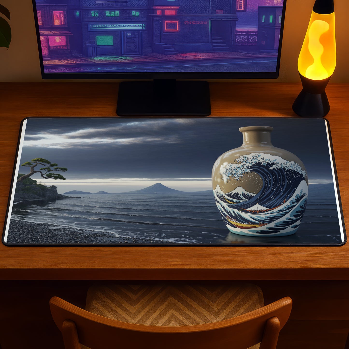 Desk mat featuring Hokusai's Great Wave with a serene Japanese landscape.