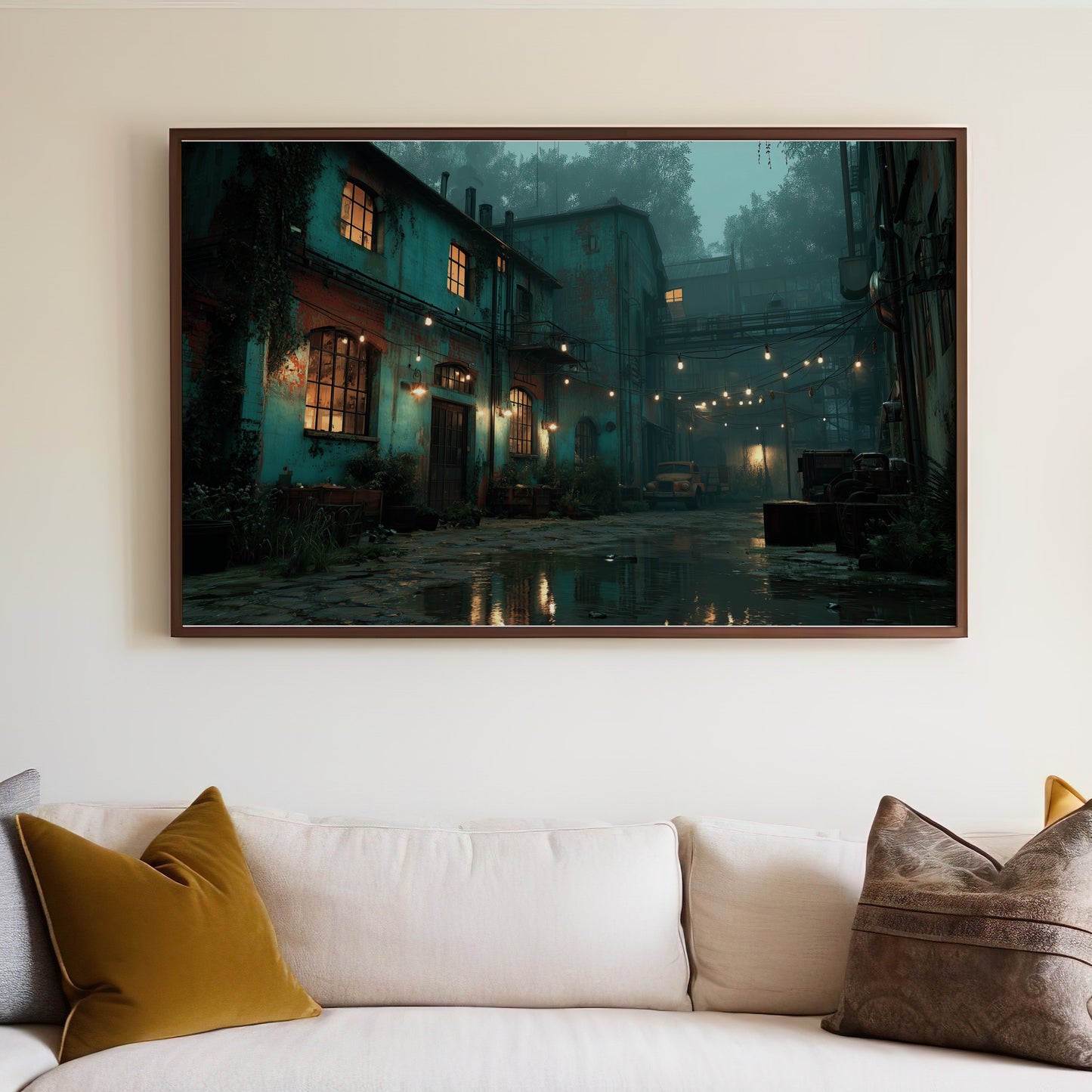 Dark, atmospheric alley with glowing windows and wet cobblestone street.