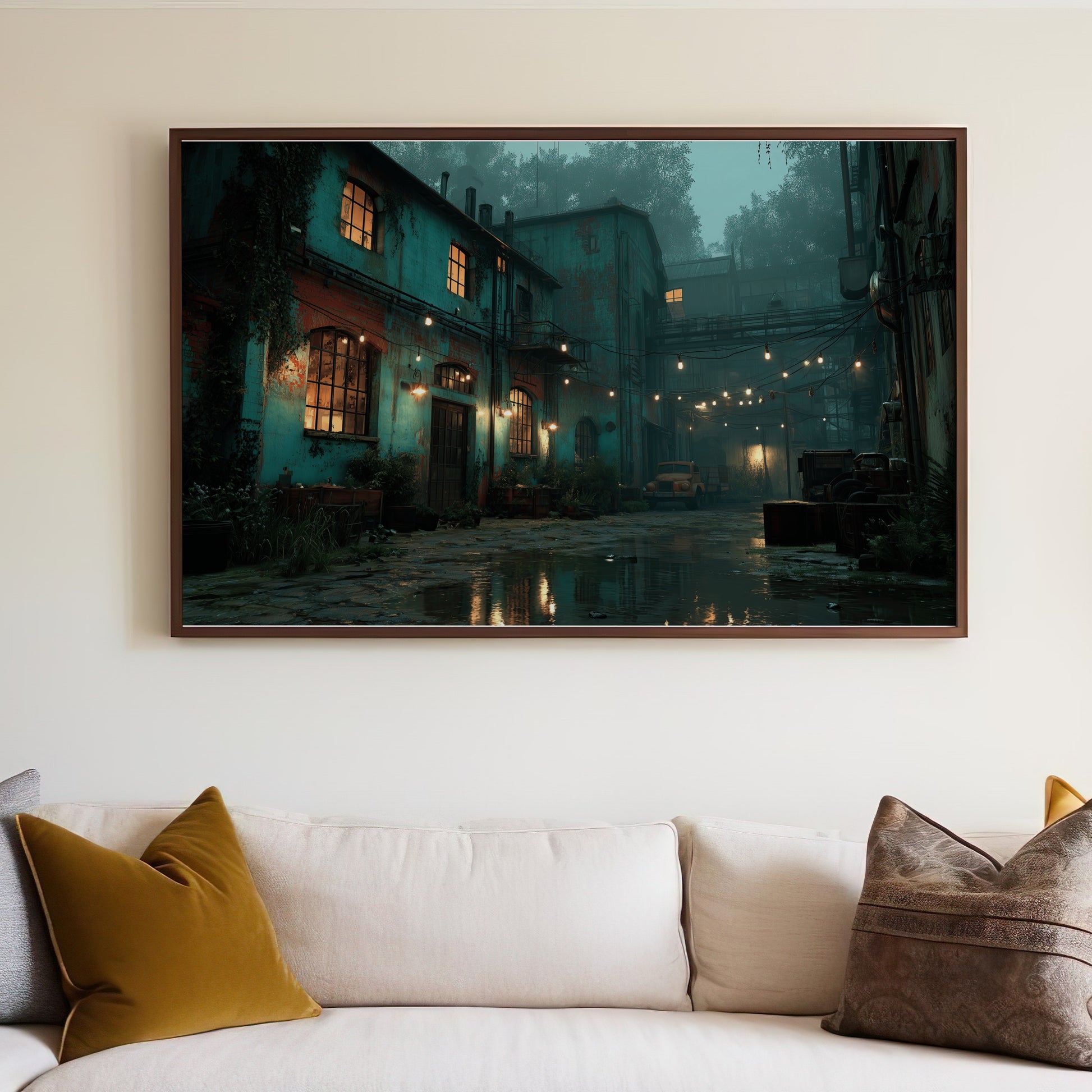Dark, atmospheric alley with glowing windows and wet cobblestone street.