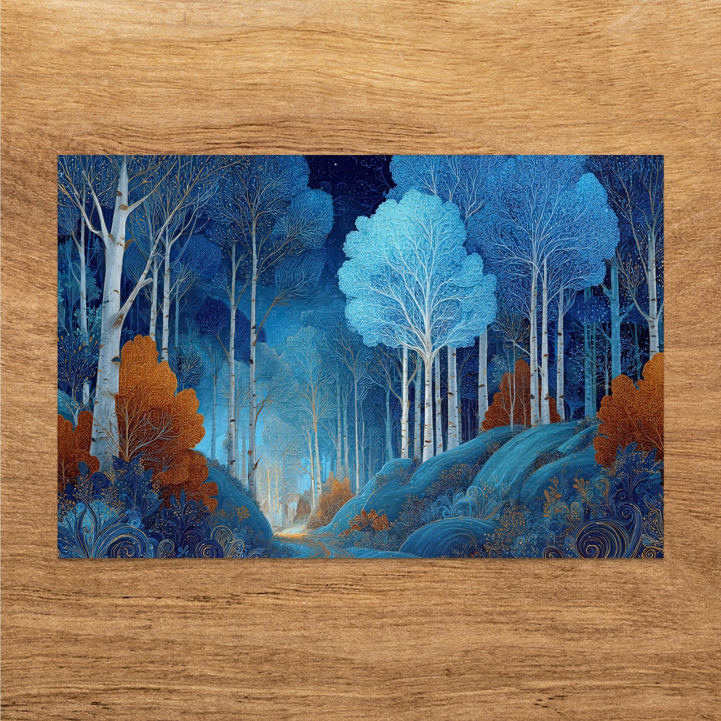 Enchanted Forest Birch Trees Blue Gold Swirls product type