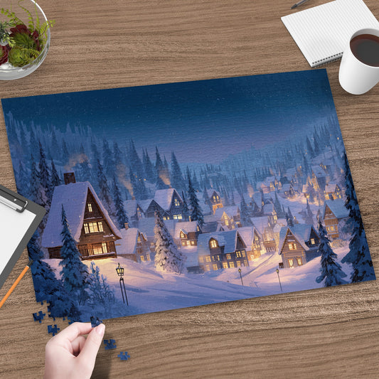 Winter Night Snow Village Lit Houses Starry Sky product type