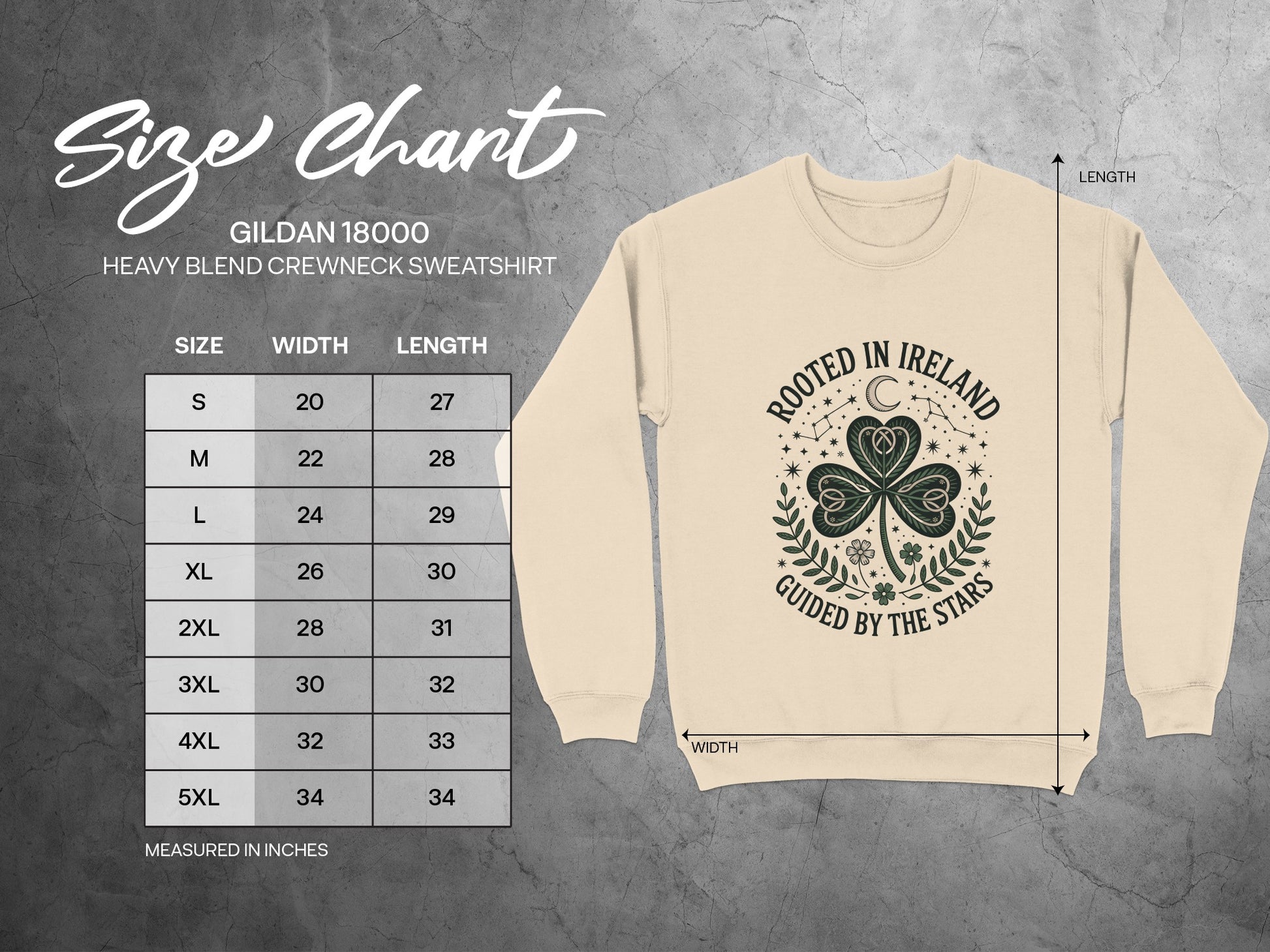 Gildan 18000 Heavy Blend crewneck sweatshirt size chart with measurements in inches.