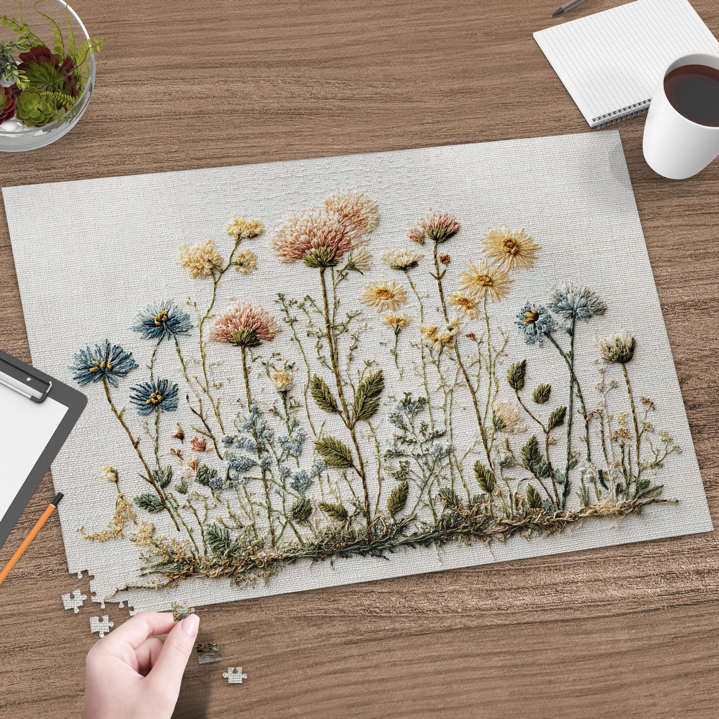 Embroidery kit of wildflowers on a textured fabric with puzzle pieces.