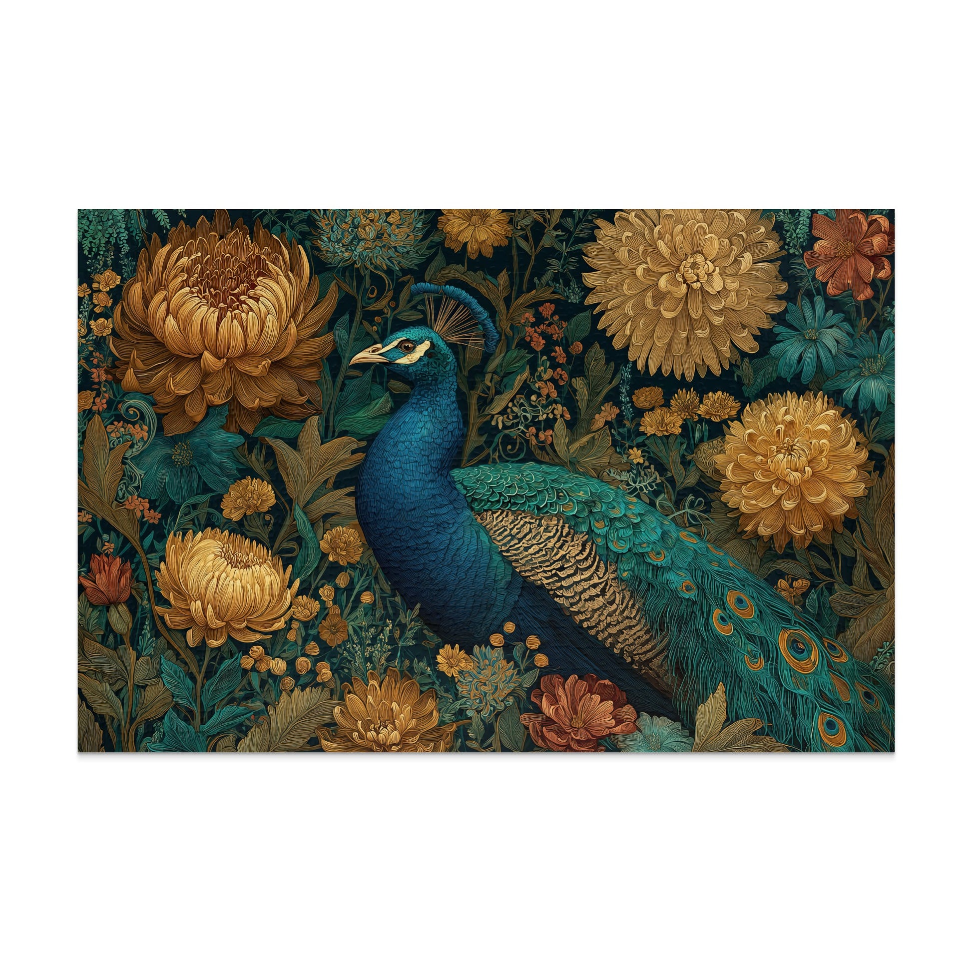 Ornate Peacock Floral Botanical Illustration Product Type
Peacock art, Floral design, Botanical print, Chrysanthemum, Golden flowers, Nature illustration, Elegant artwork, Bird decor, Ornate pattern, Vintage style, Blue peacock, Green foliage, Luxurious motif, Detailed art, Exotic bird, Garden theme, Wildlife art, Vibrant colors, Dark background, Beautiful flora