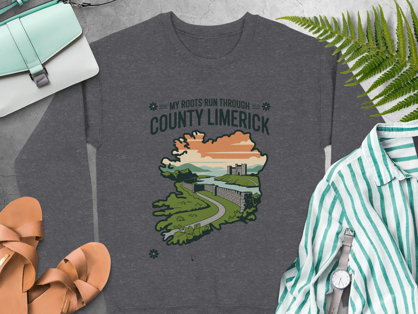 "My Roots Run Through County Limerick" and map graphic on Dark Heather sweatshirt