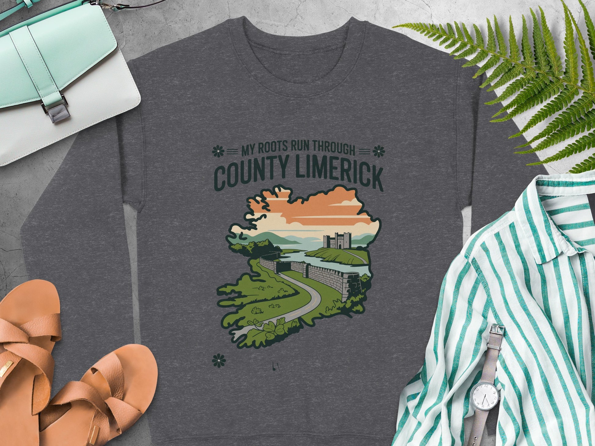 "My Roots Run Through County Limerick" and map graphic on Dark Heather sweatshirt