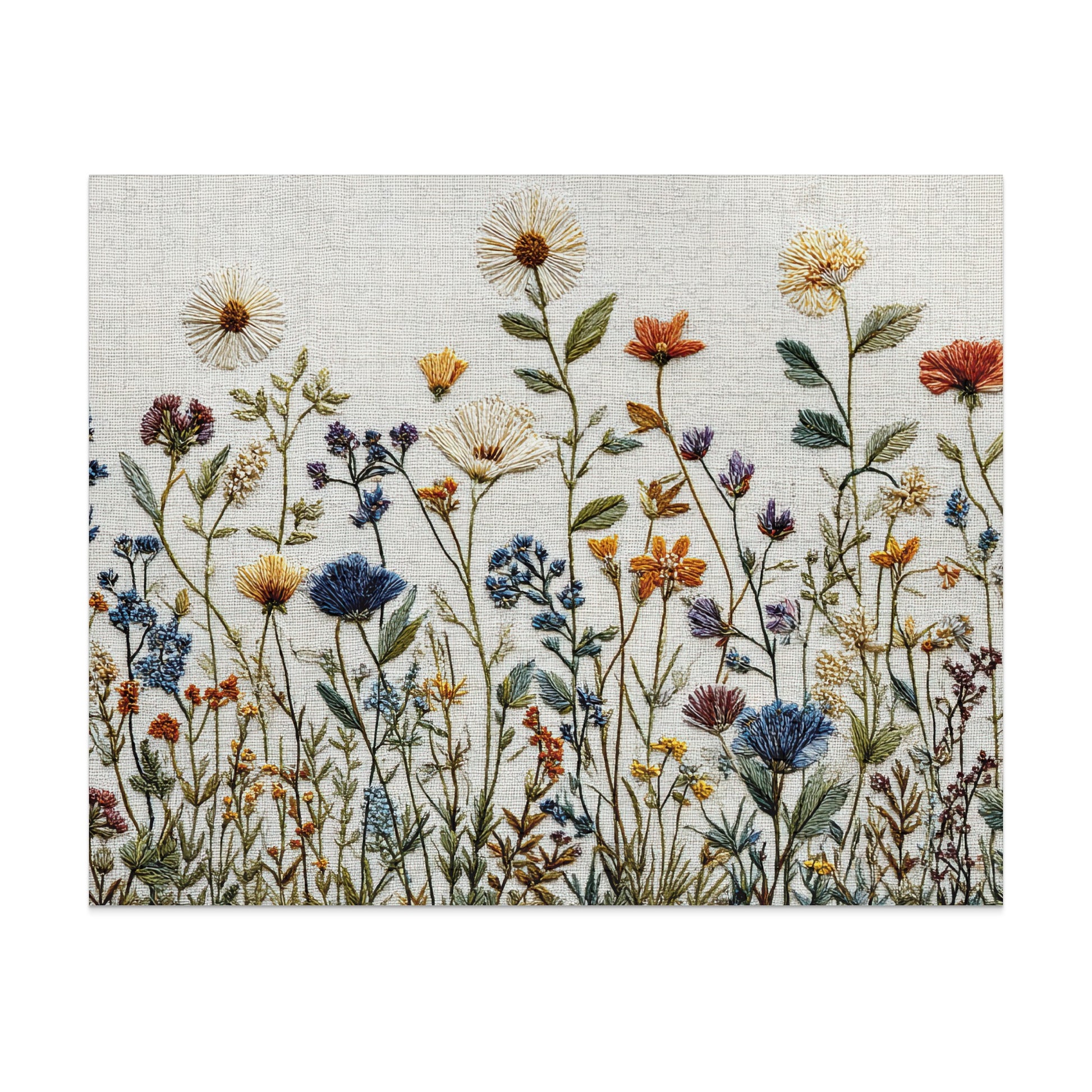 Embroidery of wildflowers with a white background.