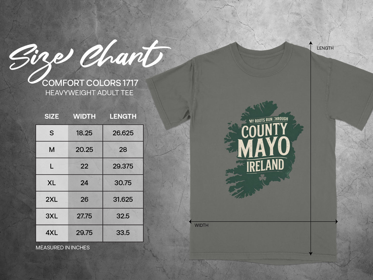 Comfort Colors 1717 size chart for heavyweight adult tee measured in inches.