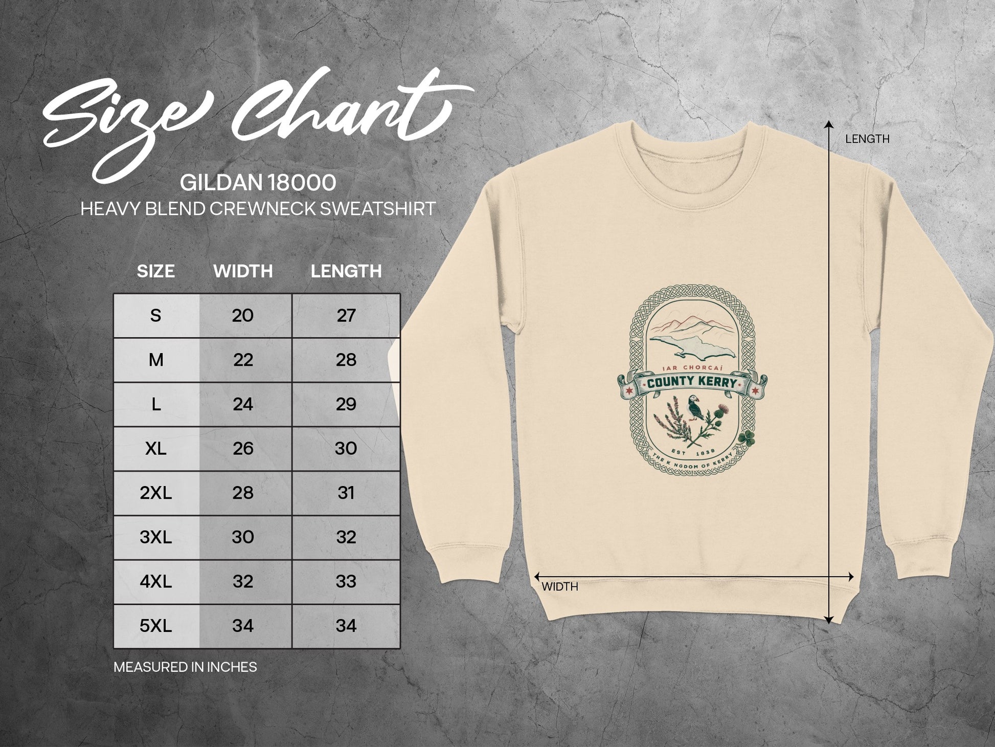 Gildan 18000 heavy blend crewneck sweatshirt size chart with measurements in inches.