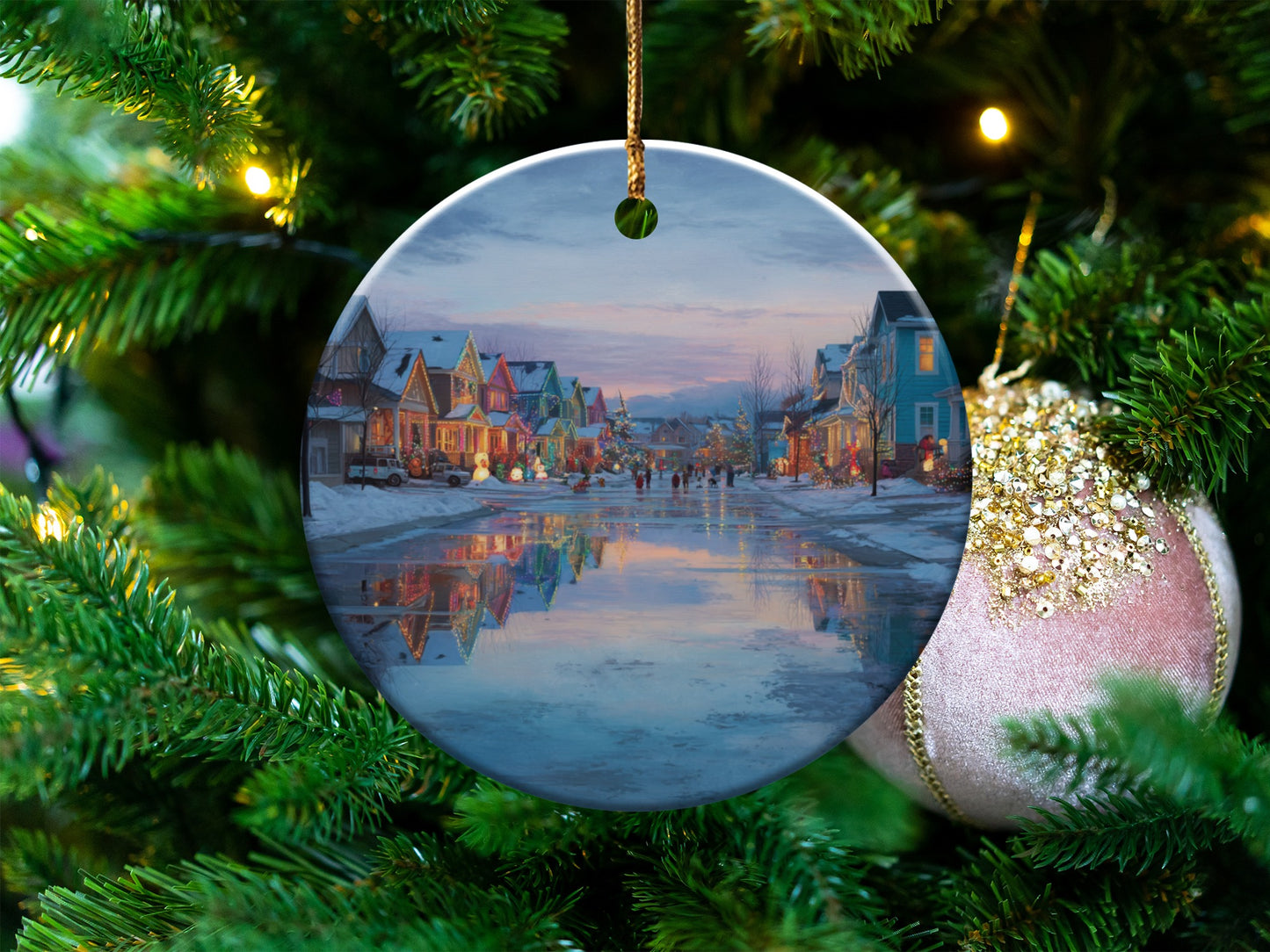 Festive Winter Village Scene on a Christmas Ornament