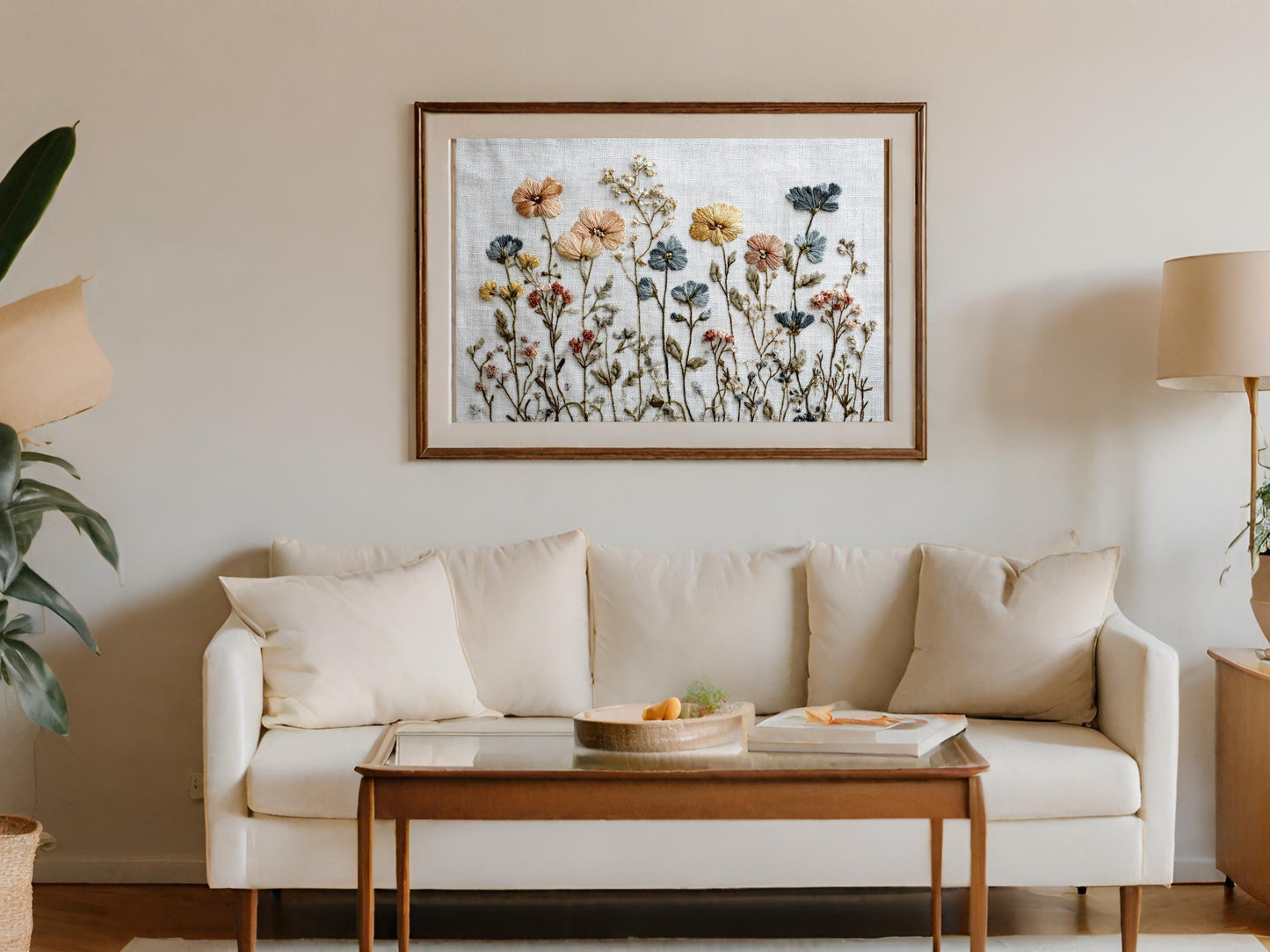 Embroidery artwork of wildflowers above a white couch with a coffee table.