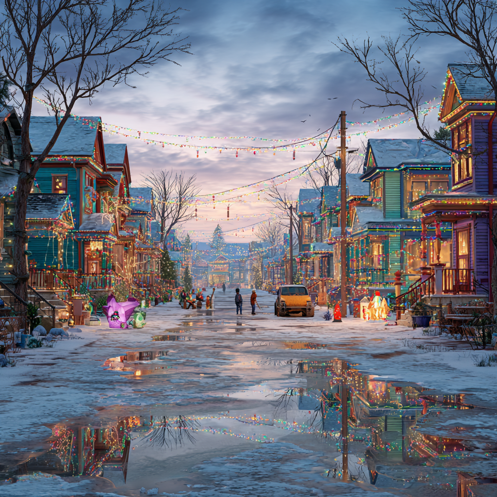 Vibrant Snowy Street with Festive Decorations product